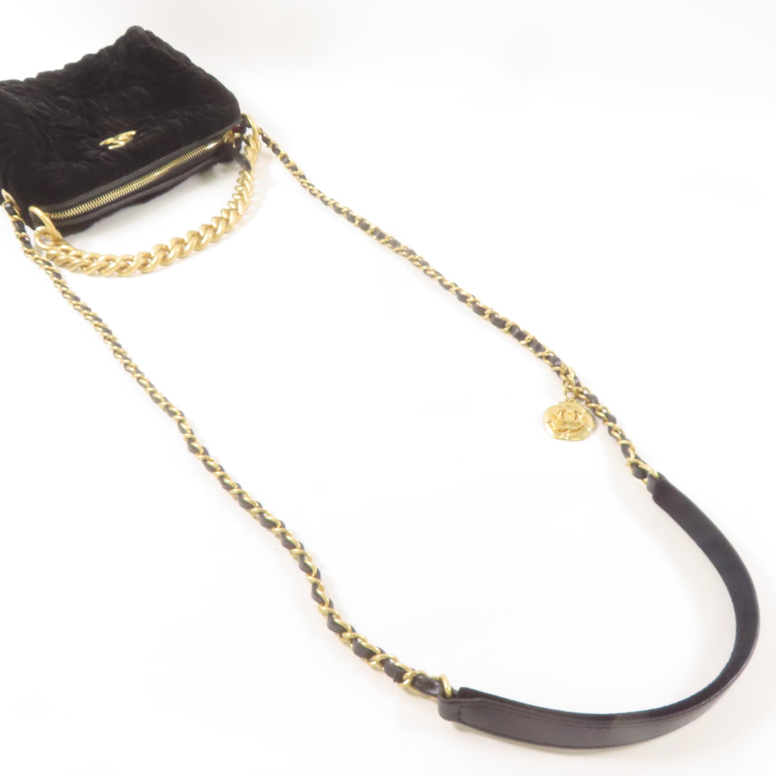 CHANEL Velvet 2Way Shoulder Bag金扣鏈帶手挽肩背兩用袋黑色