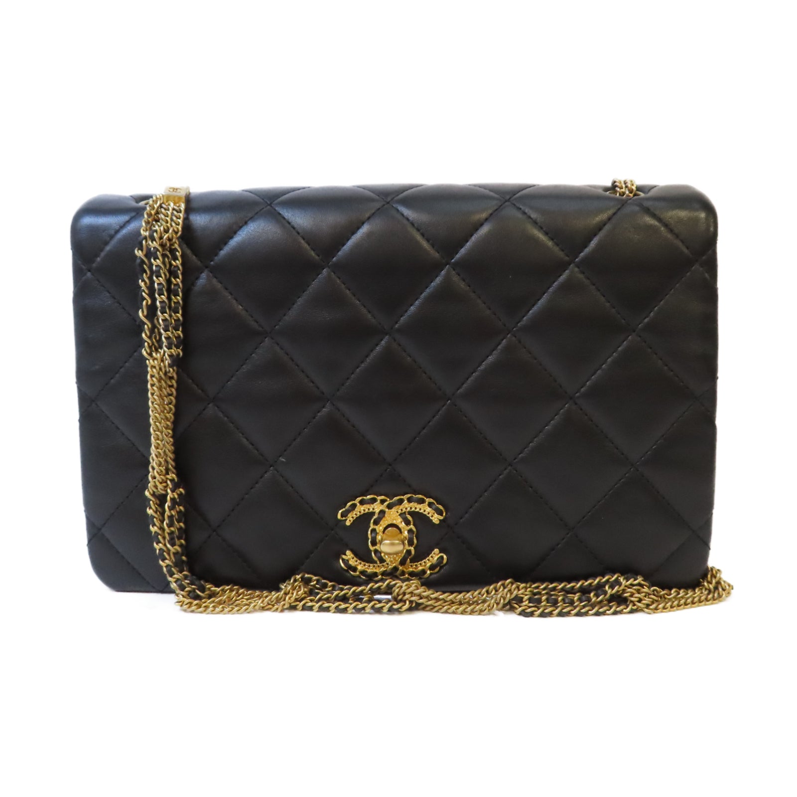 CHANEL 【激減優惠】菱格羊皮皮革Chain Shoulder金扣鏈帶肩背袋黑色