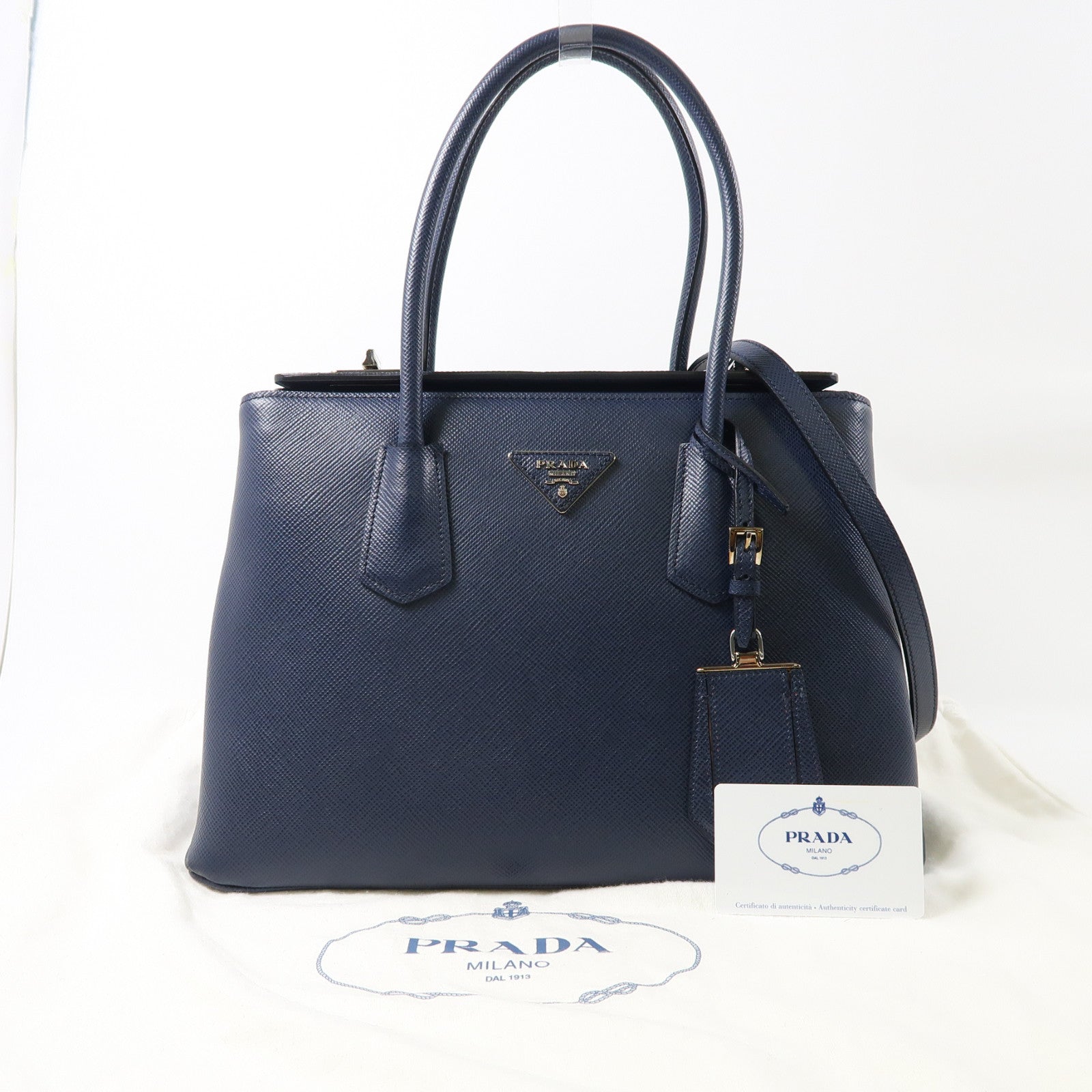PRADA 【激減優惠】Saffiano皮革Cuir Twin Lock銀扣手挽肩背兩用袋深藍色