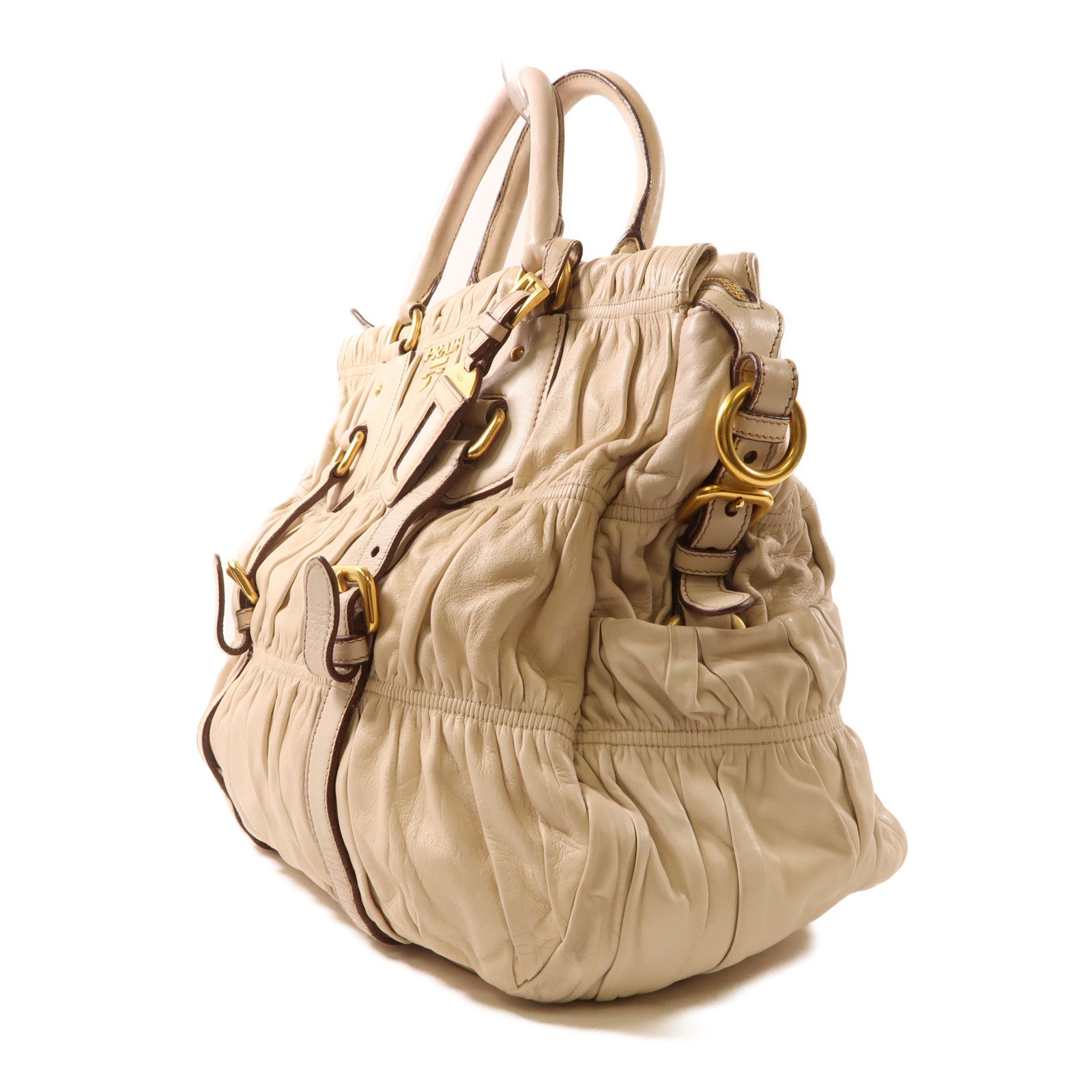 PRADA 羊皮皮革2 Way Shoulder金扣手挽肩背兩用袋米色