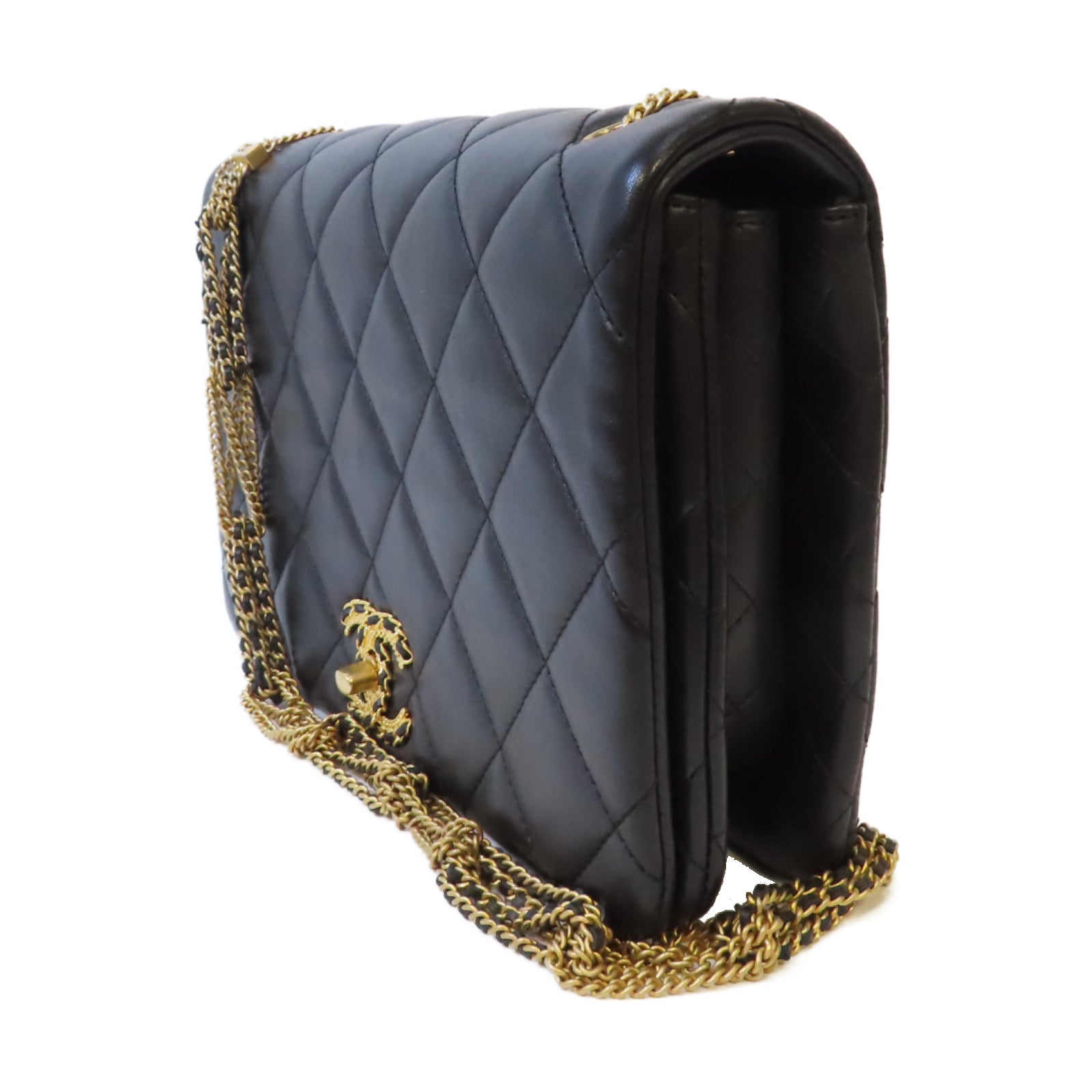 CHANEL 【激減優惠】菱格羊皮皮革Chain Shoulder金扣鏈帶肩背袋黑色
