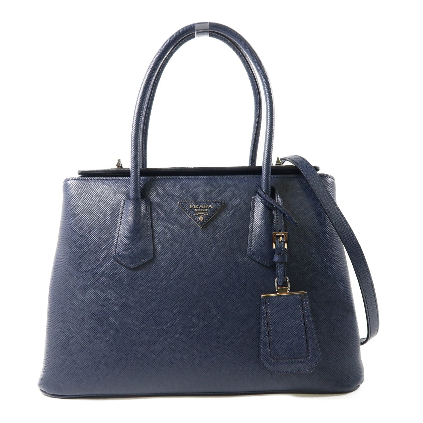 PRADA 【激減優惠】Saffiano皮革Cuir Twin Lock銀扣手挽肩背兩用袋深藍色