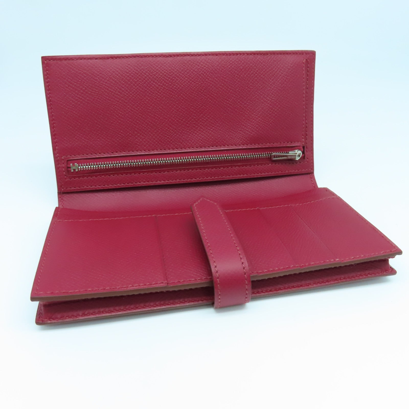 HERMES 【清倉大減價】Epsom皮革Bearn bi-fold銀扣長錢包Rouge紅色