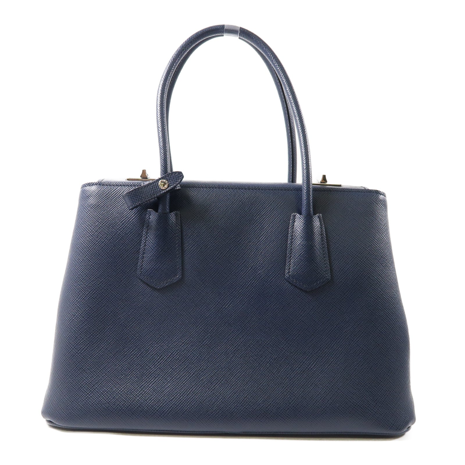 PRADA 【激減優惠】Saffiano皮革Cuir Twin Lock銀扣手挽肩背兩用袋深藍色