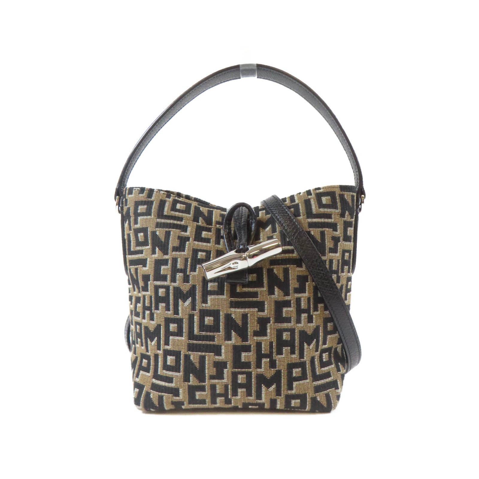 Longchamp 帆布2 Way Shoulder銀扣手挽肩背兩用袋黑色/啡色