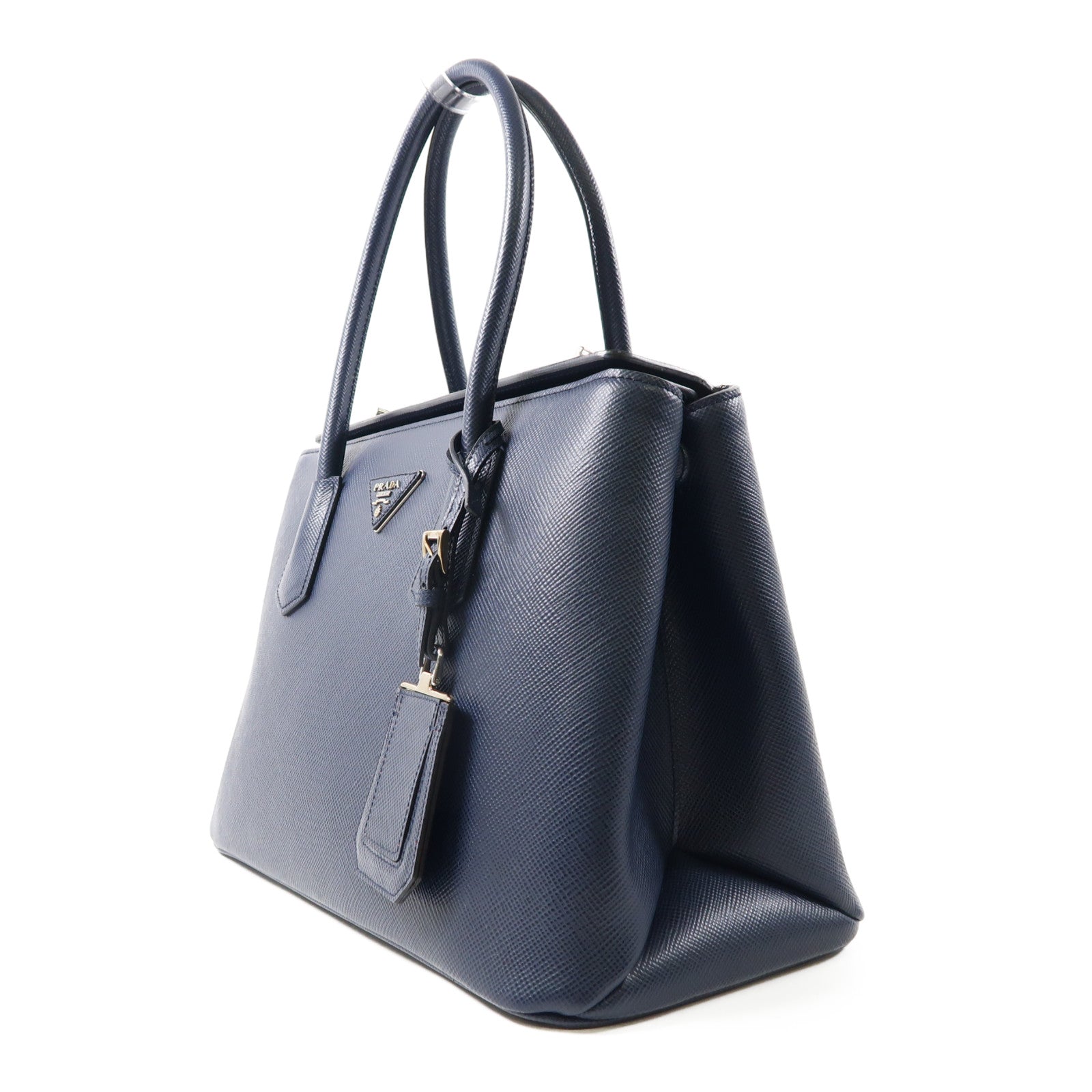 PRADA 【激減優惠】Saffiano皮革Cuir Twin Lock銀扣手挽肩背兩用袋深藍色