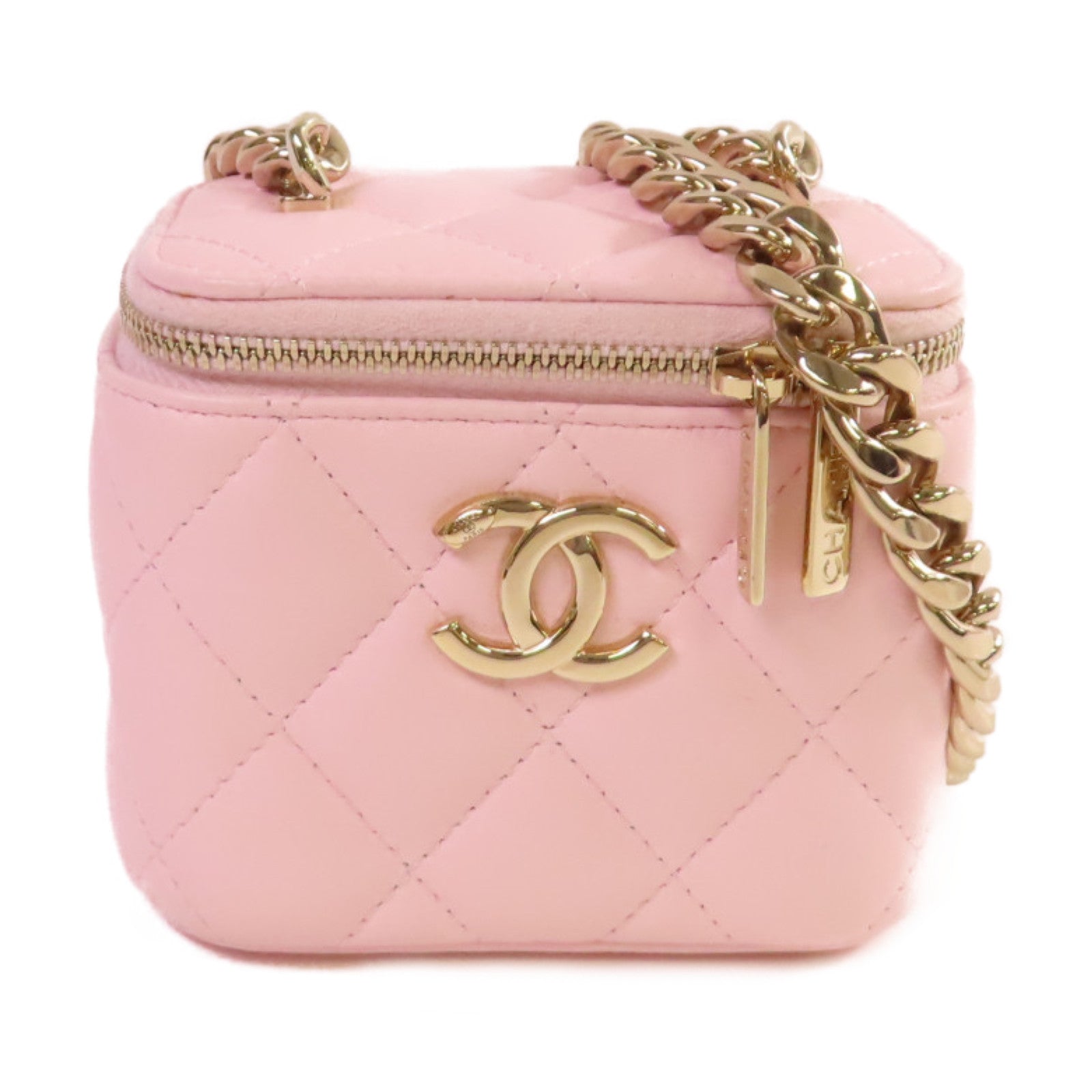 CHANEL 菱格羊皮皮革Mini Vanity Case金扣鏈帶肩背袋粉紅色