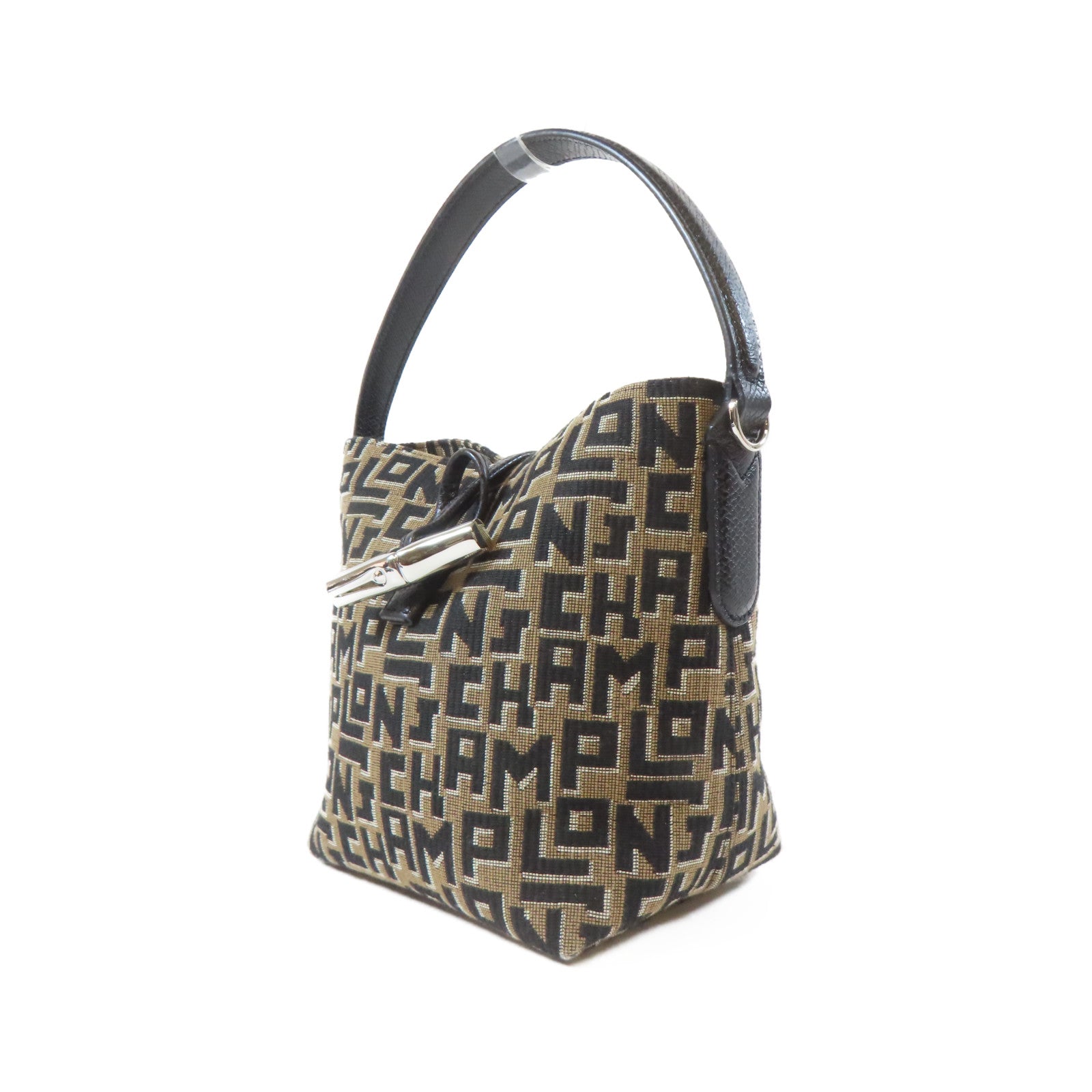 Longchamp 帆布2 Way Shoulder銀扣手挽肩背兩用袋黑色/啡色