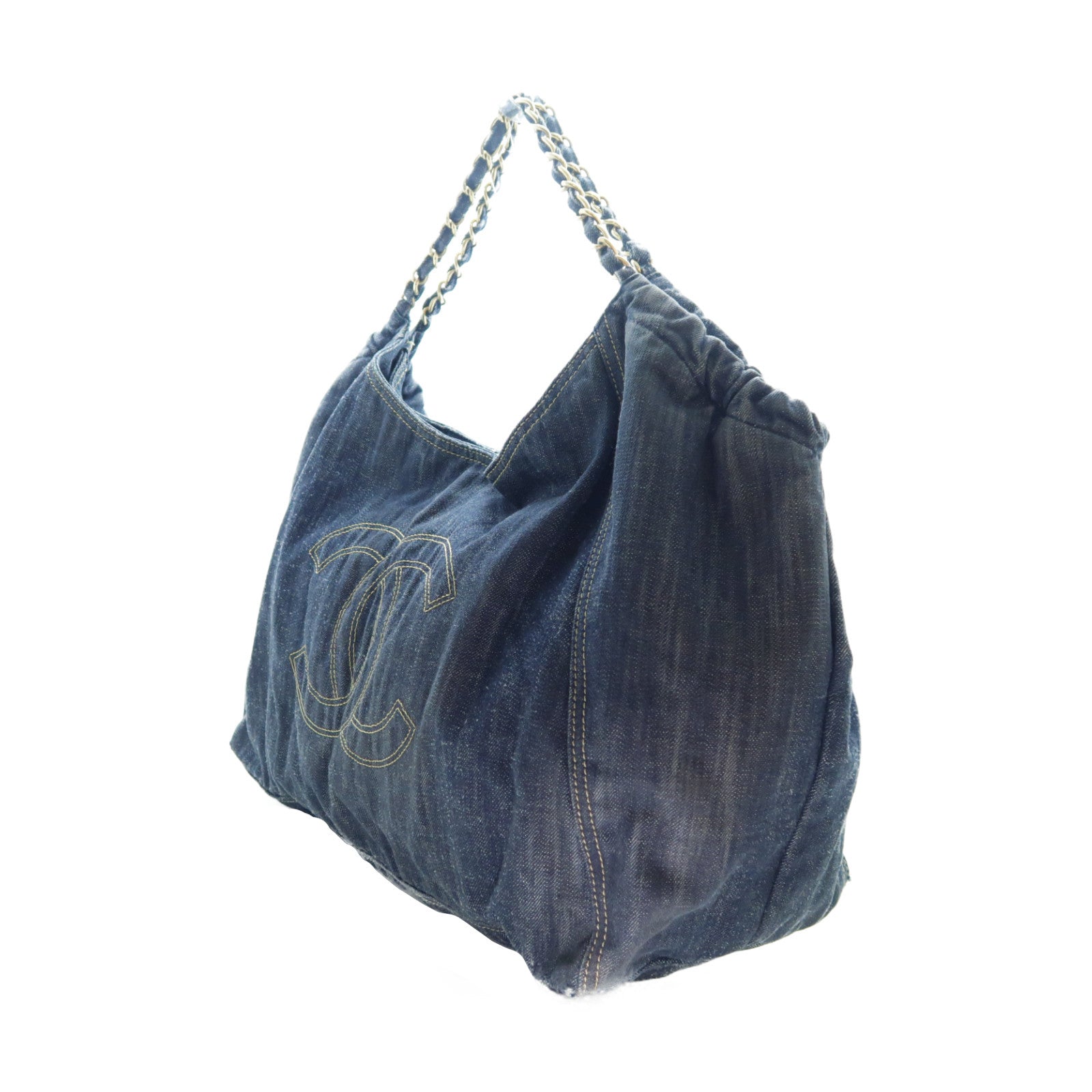 CHANEL 牛仔布Chain Shoulder Bag金扣鏈帶肩背袋藍色