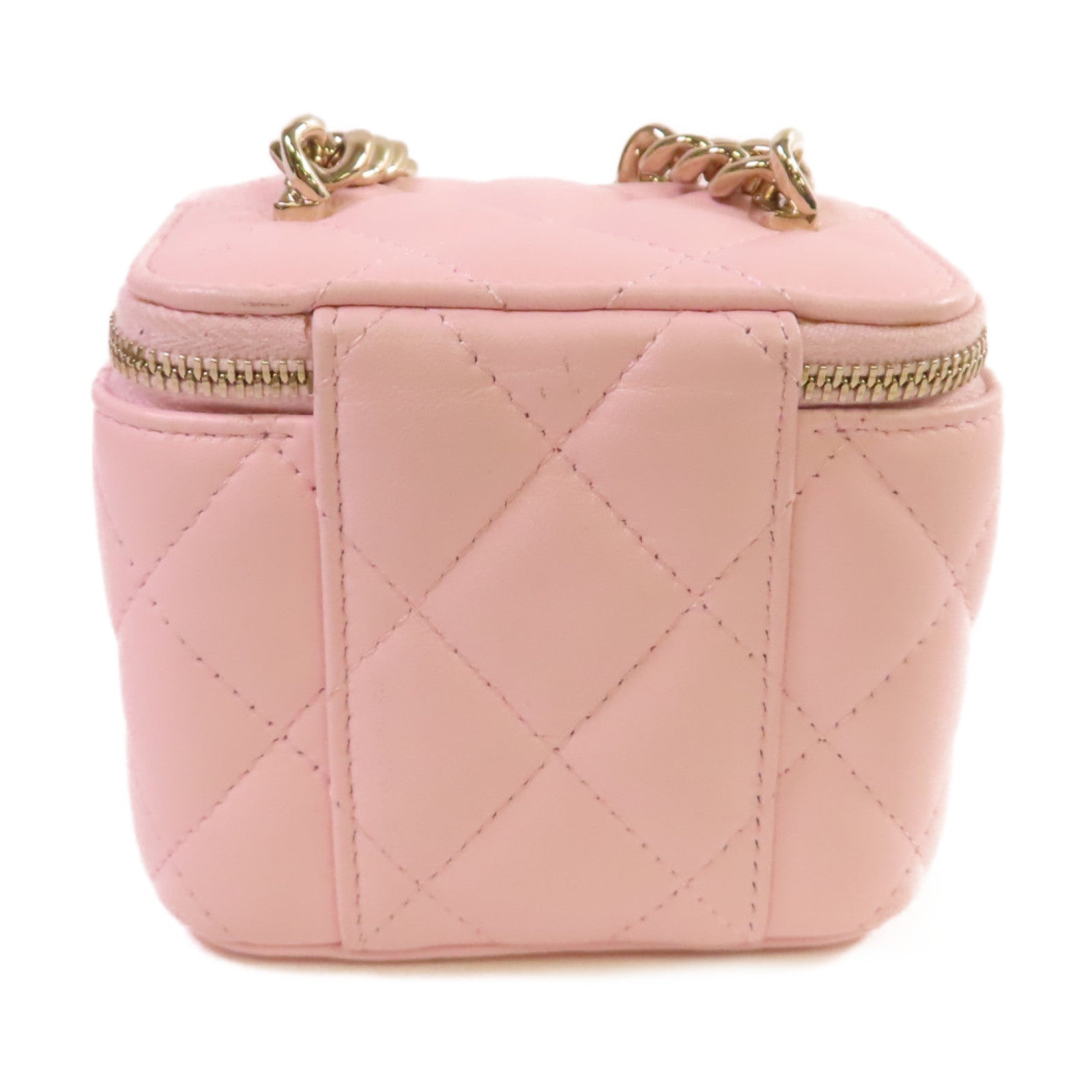 CHANEL 菱格羊皮皮革Mini Vanity Case金扣鏈帶肩背袋粉紅色