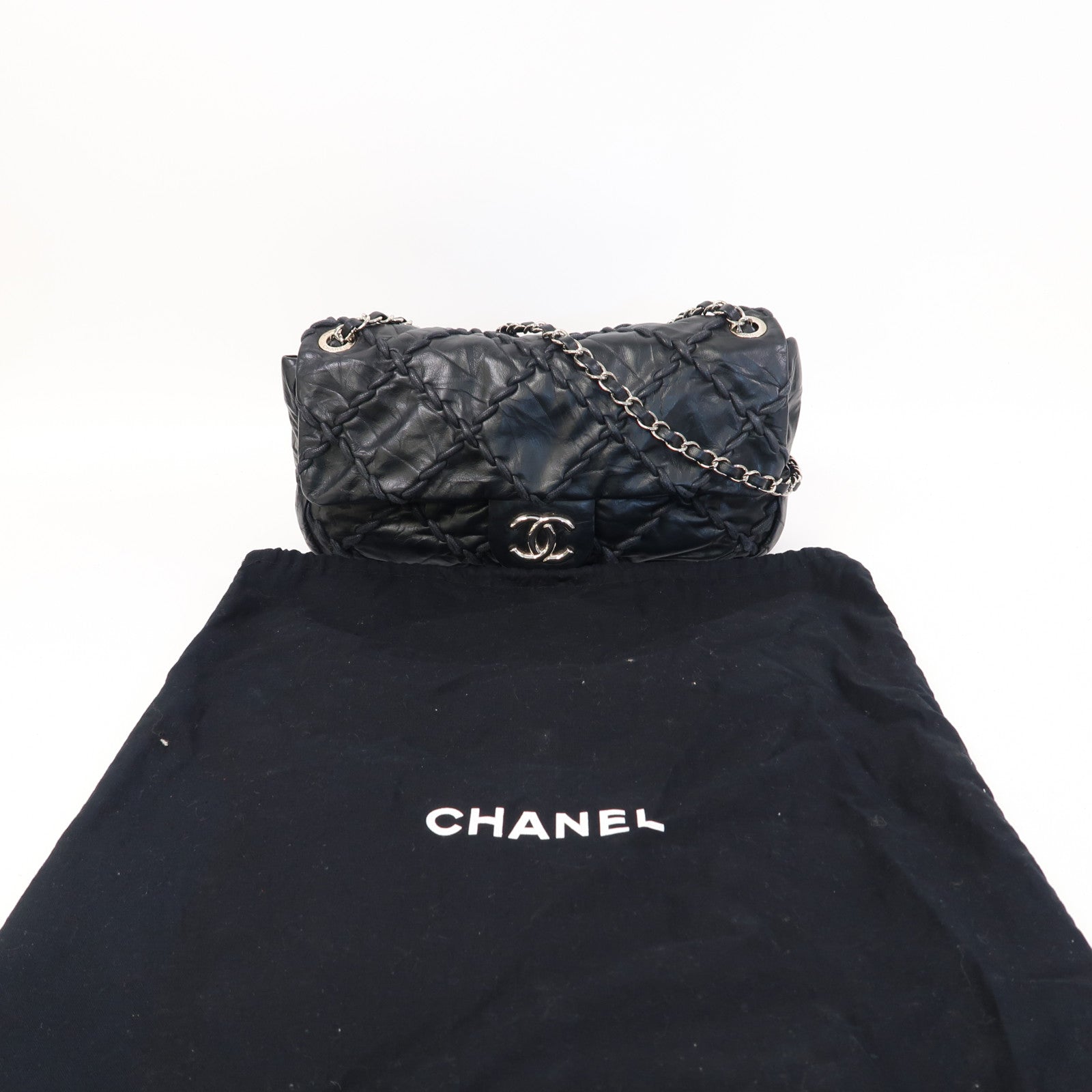 CHANEL 牛皮皮革Chain Shoulder Bag銀扣鏈帶肩背袋黑色