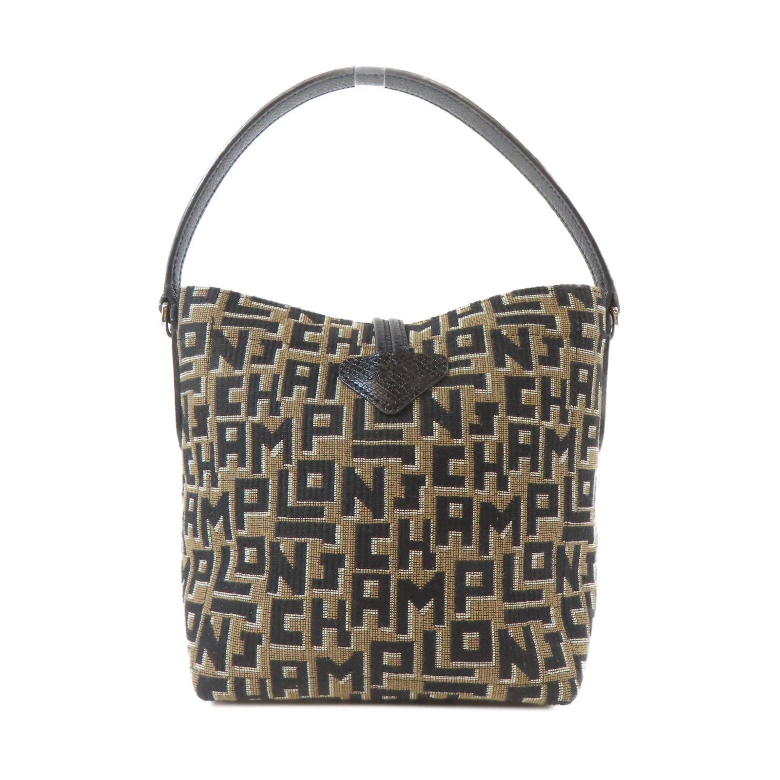 Longchamp 帆布2 Way Shoulder銀扣手挽肩背兩用袋黑色/啡色