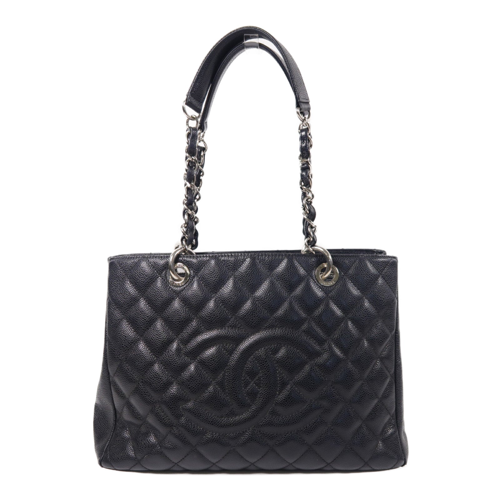 CHANEL 菱格Caviar皮革Grand Shopping Tote銀扣鏈帶手挽袋黑色