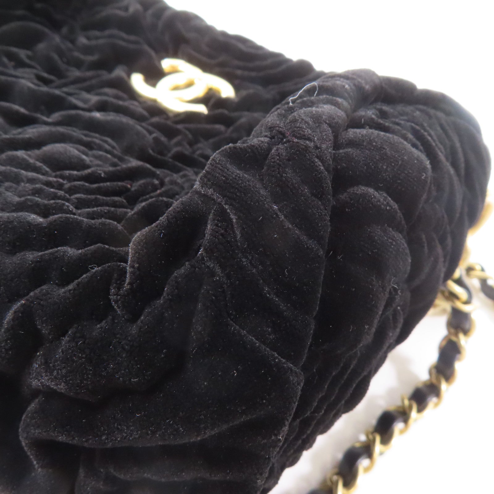CHANEL Velvet 2Way Shoulder Bag金扣鏈帶手挽肩背兩用袋黑色
