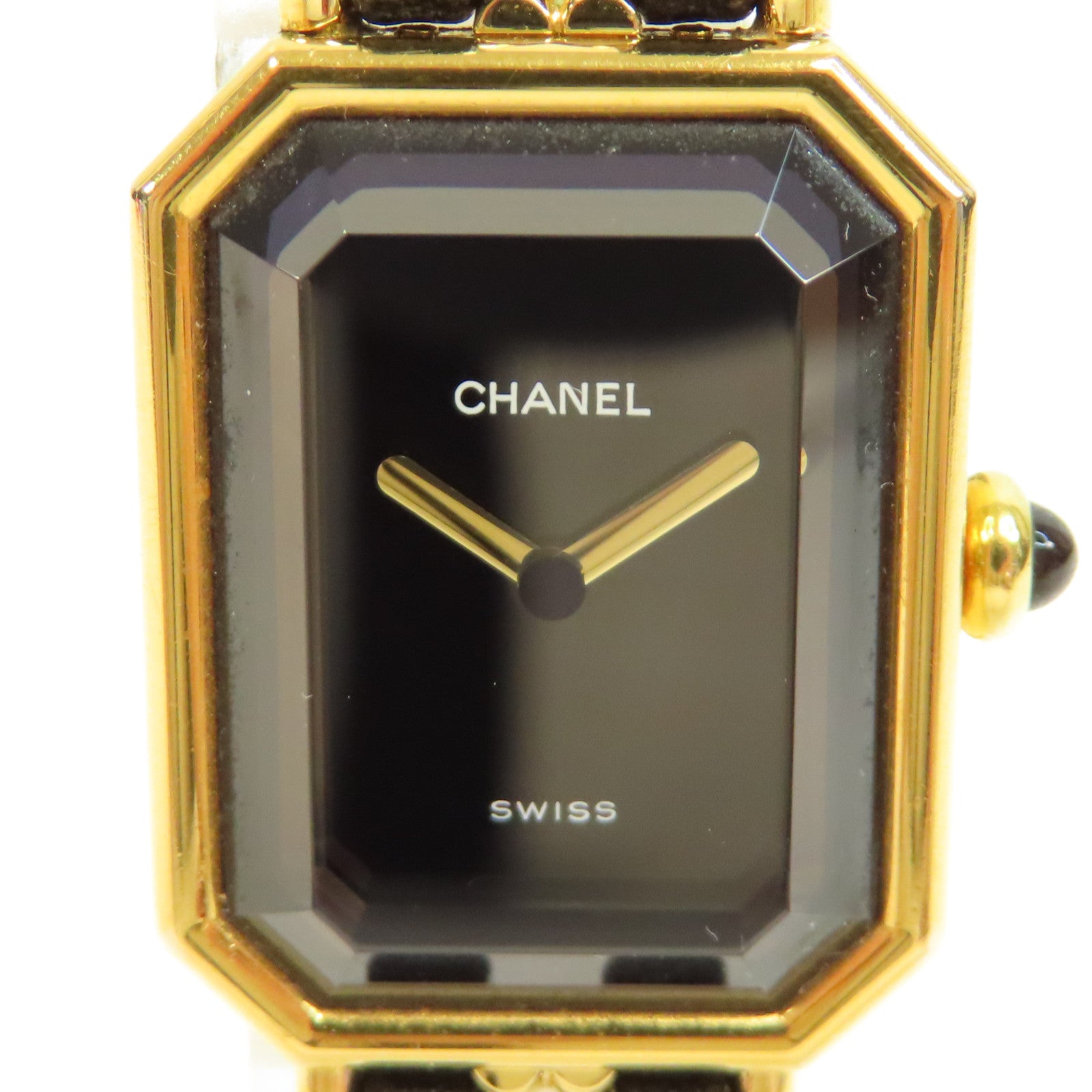 CHANEL Premiere L鍍金/皮革帶手錶石英機芯黑色