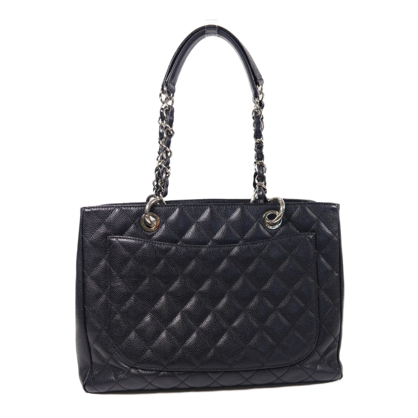CHANEL 菱格Caviar皮革Grand Shopping Tote銀扣鏈帶手挽袋黑色