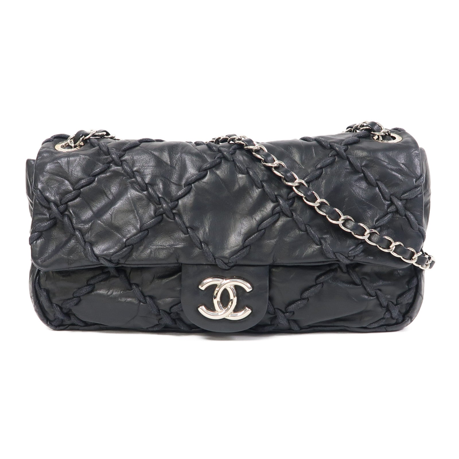 CHANEL 牛皮皮革Chain Shoulder Bag銀扣鏈帶肩背袋黑色