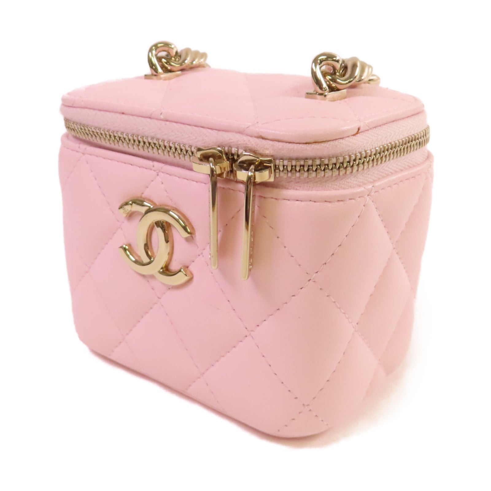 CHANEL 菱格羊皮皮革Mini Vanity Case金扣鏈帶肩背袋粉紅色