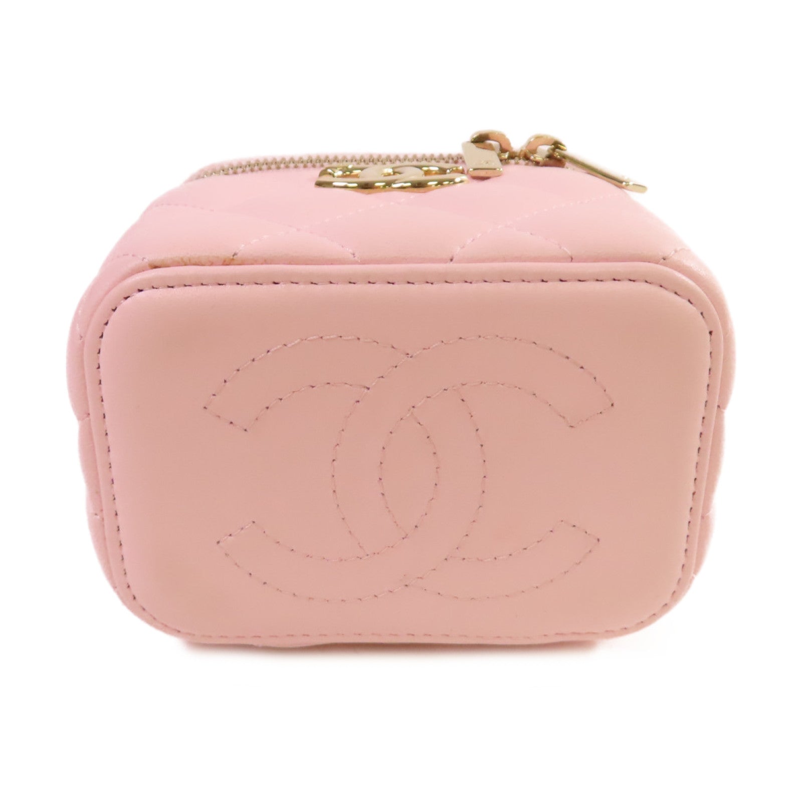 CHANEL 菱格羊皮皮革Mini Vanity Case金扣鏈帶肩背袋粉紅色