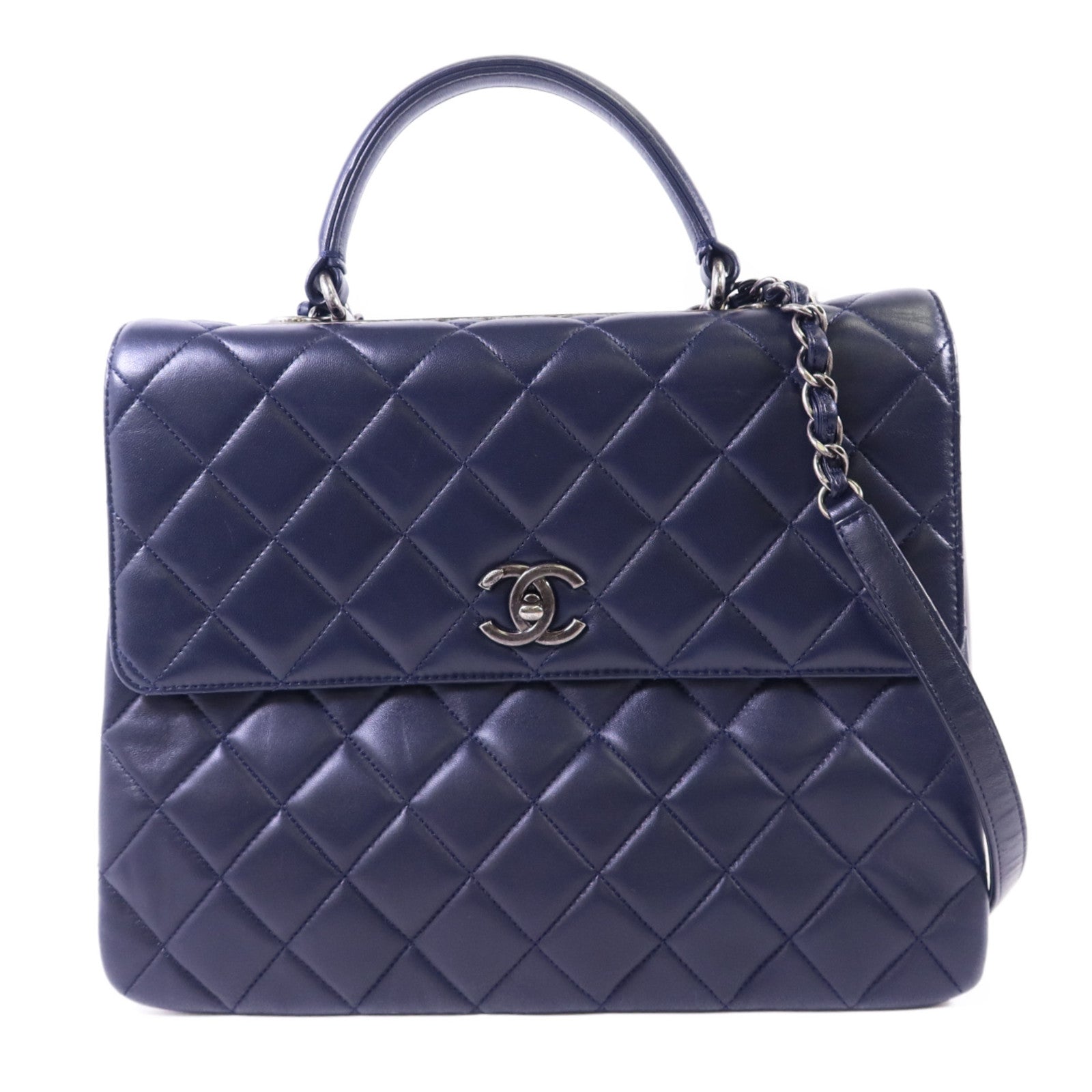 CHANEL 羊皮皮革Large Trendy CC銀扣鏈帶手挽肩背兩用袋