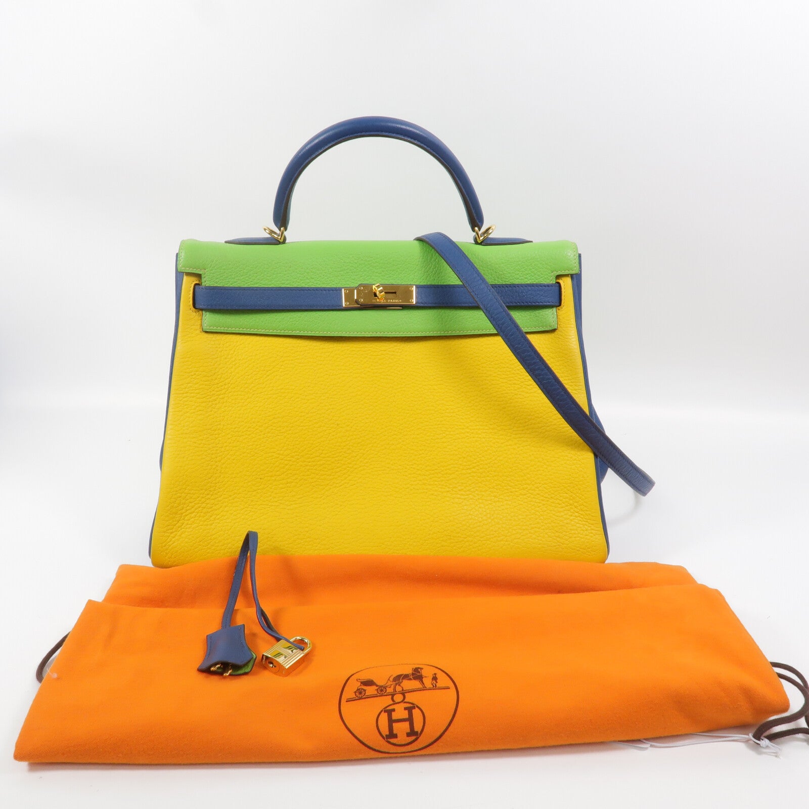 HERMES Togo皮革Kelly 35手挽肩背兩用袋Jaune/Bleu Thalassa/Vert Cru