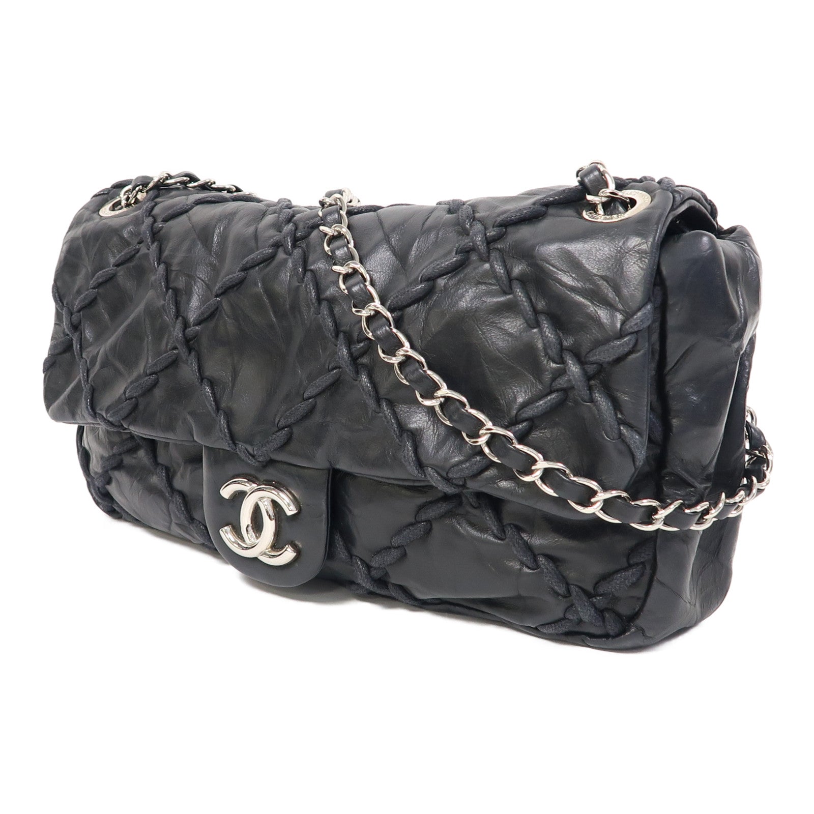 CHANEL 牛皮皮革Chain Shoulder Bag銀扣鏈帶肩背袋黑色