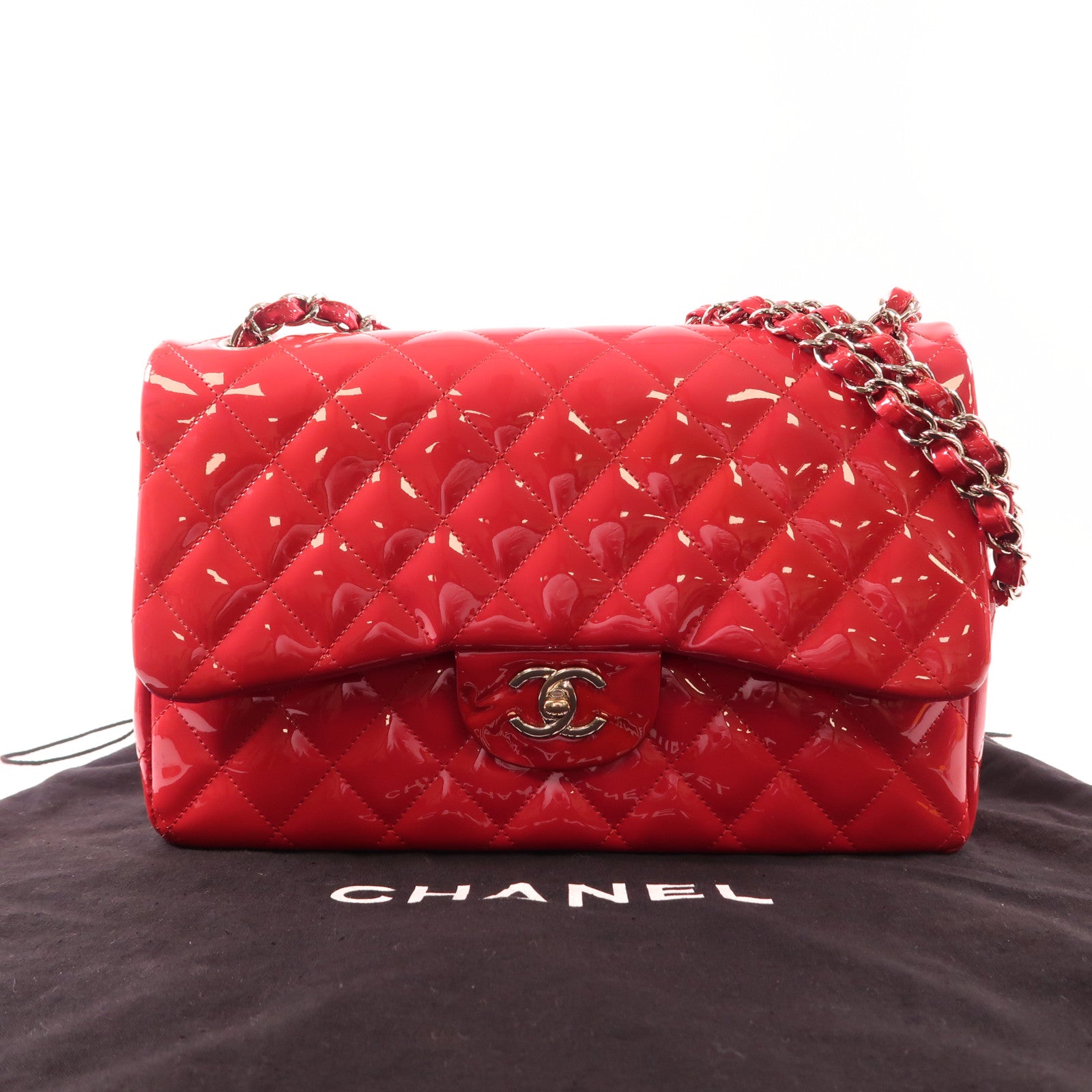 CHANEL 漆皮皮革Large Classic銀扣鏈帶肩背袋