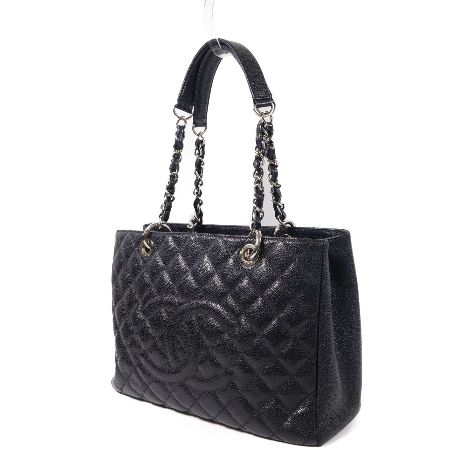 CHANEL 菱格Caviar皮革Grand Shopping Tote銀扣鏈帶手挽袋黑色