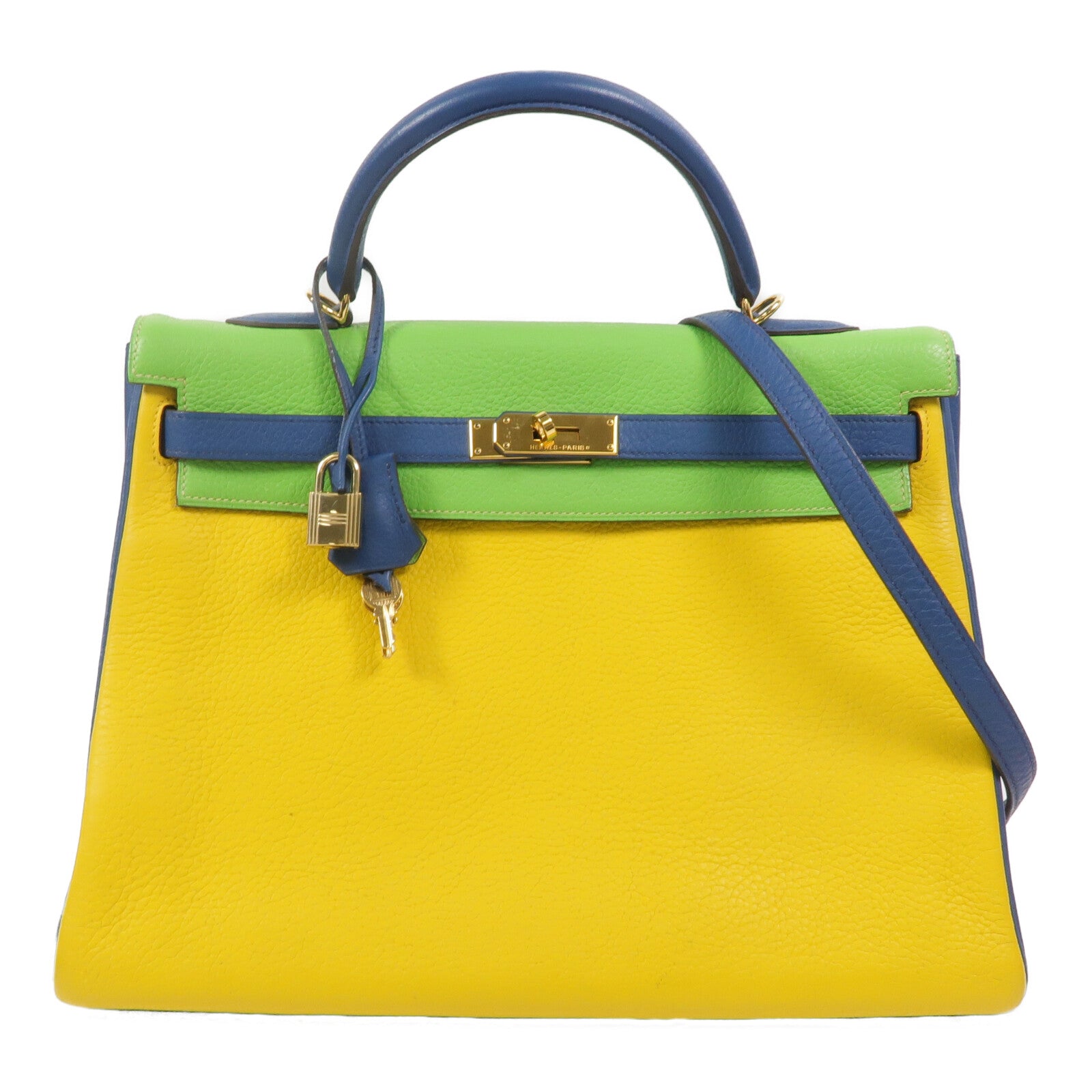 HERMES Togo皮革Kelly 35手挽肩背兩用袋Jaune/Bleu Thalassa/Vert Cru