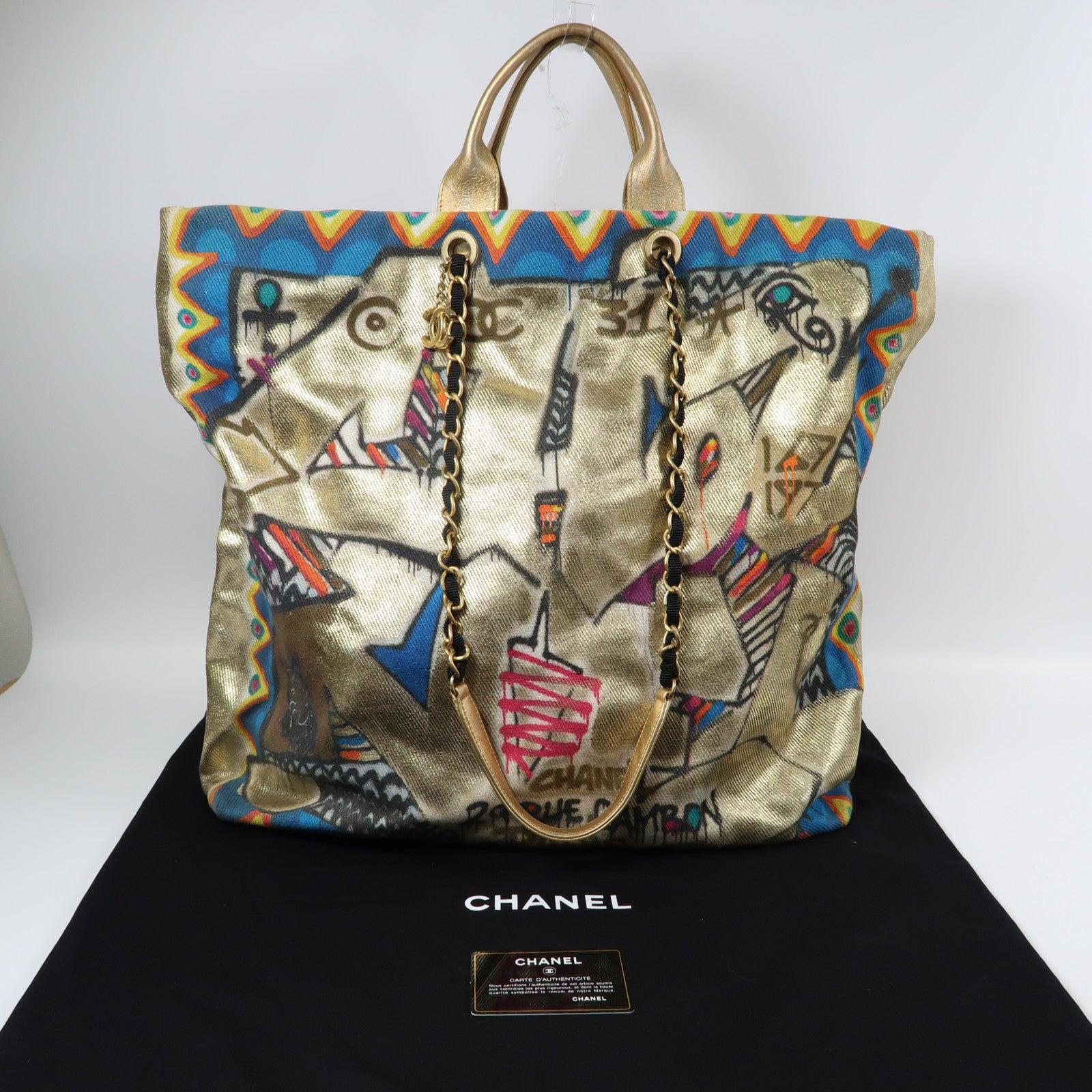 CHANEL 帆布2 Way Shoulder Bag金扣手挽肩背兩用袋金色/彩色