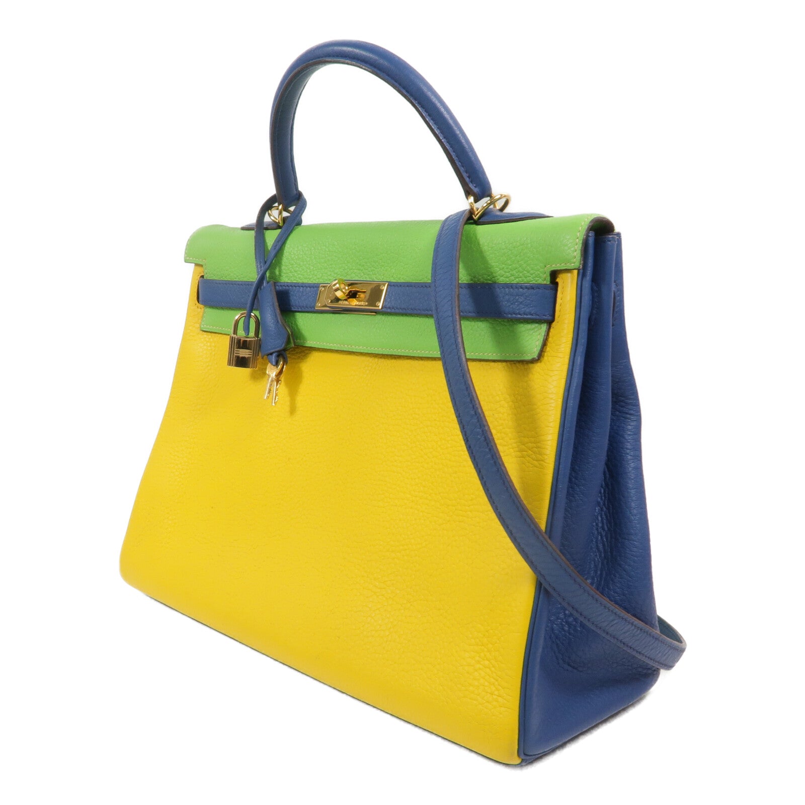 HERMES Togo皮革Kelly 35手挽肩背兩用袋Jaune/Bleu Thalassa/Vert Cru