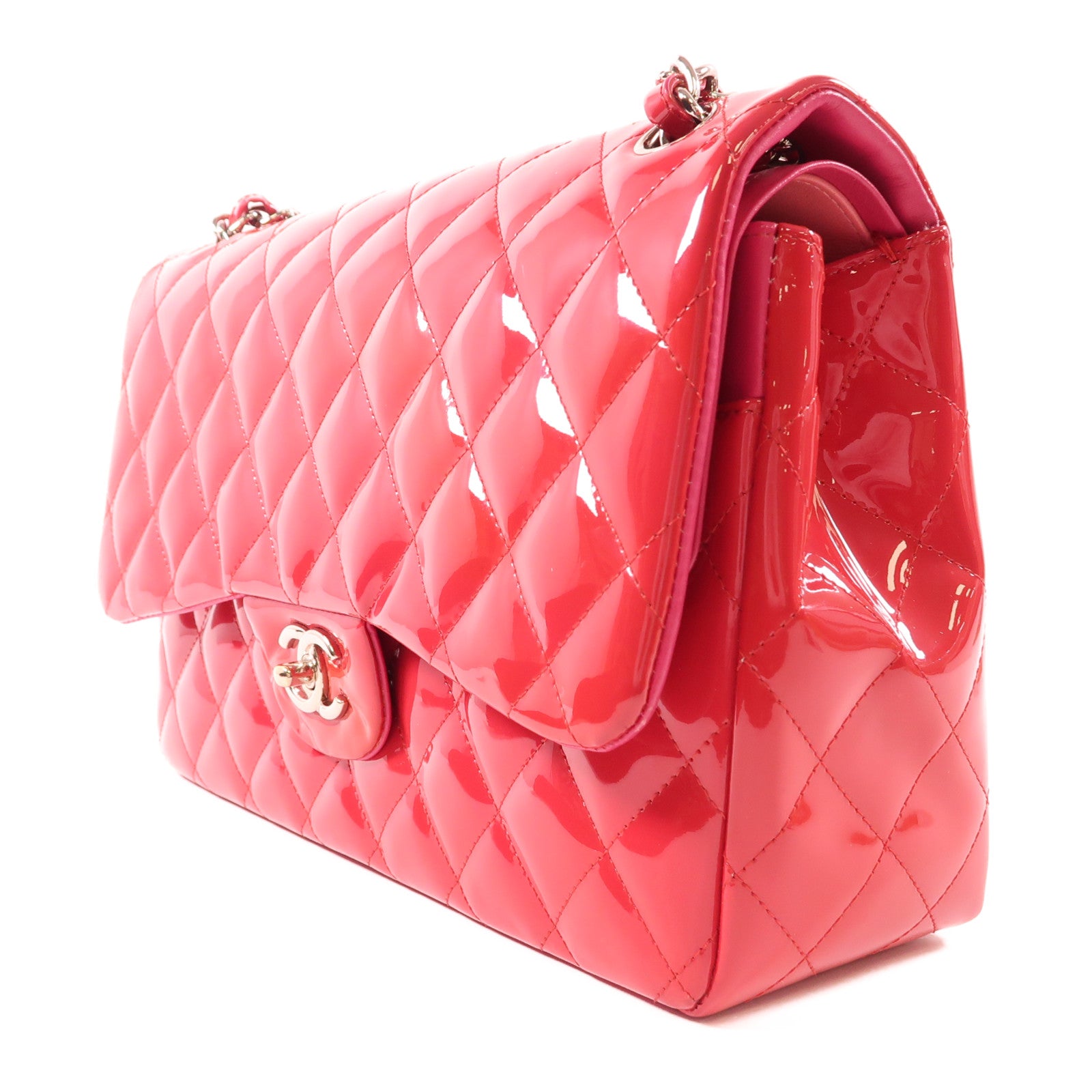 CHANEL 漆皮皮革Large Classic銀扣鏈帶肩背袋