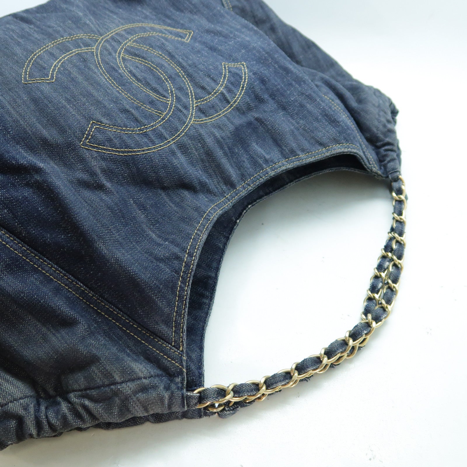 CHANEL 牛仔布Chain Shoulder Bag金扣鏈帶肩背袋藍色