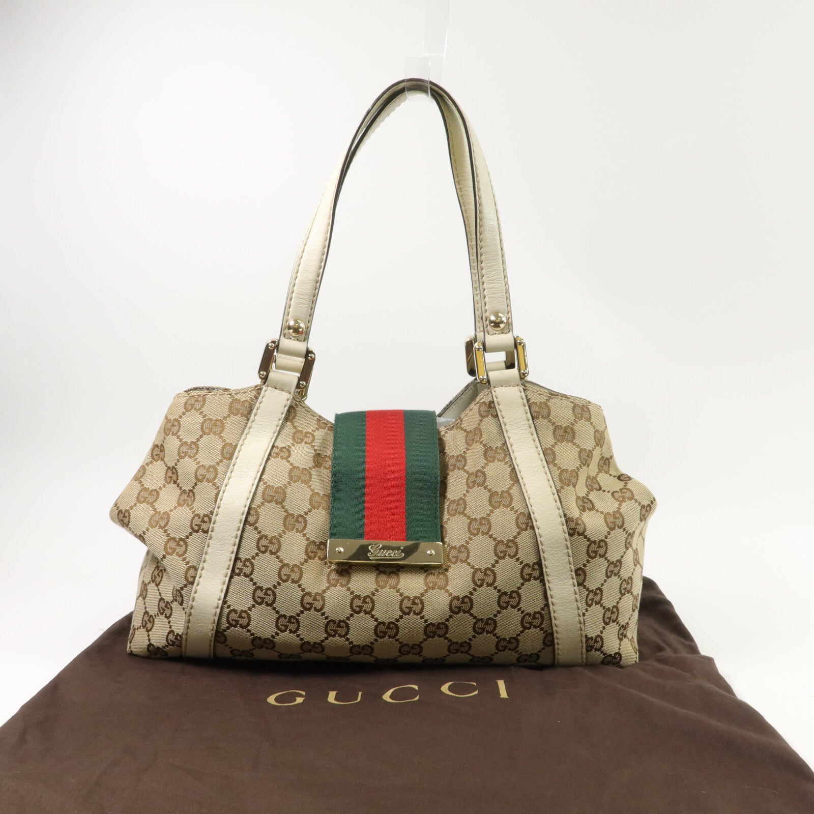 GUCCI 帆布/牛皮皮革Web Flap Tote肩背袋