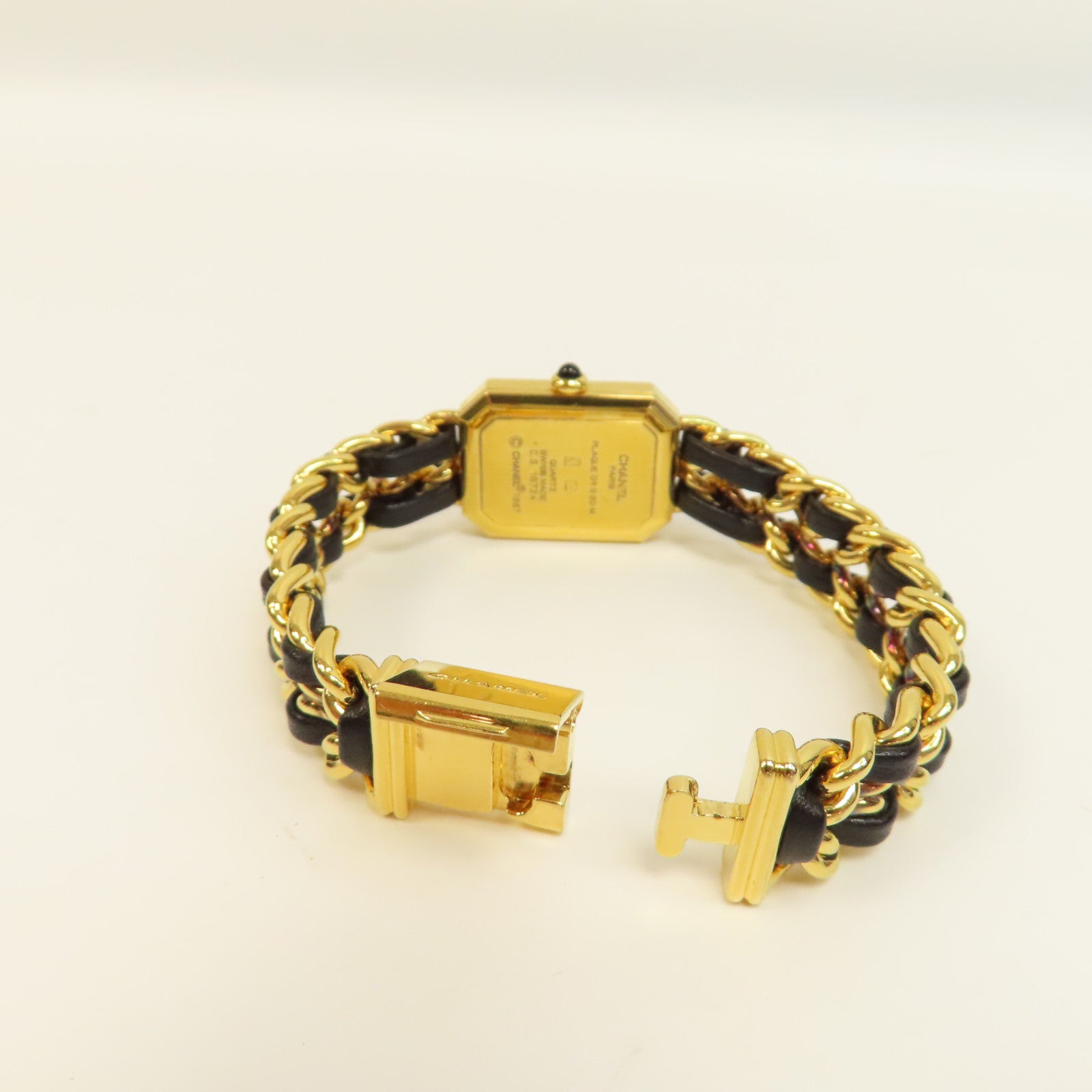 CHANEL Premiere L鍍金/皮革帶手錶石英機芯黑色