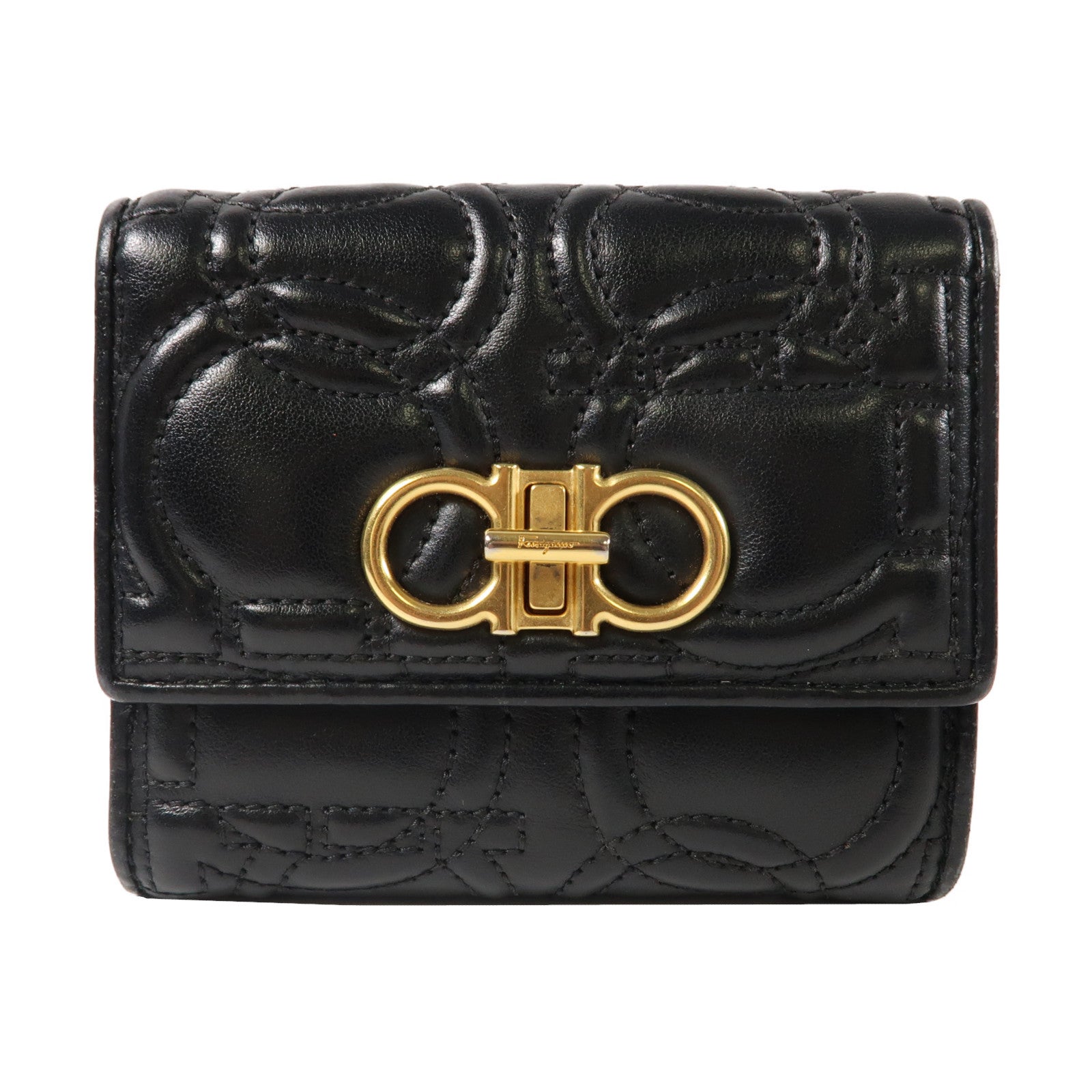 Salvatore Ferragamo 牛皮皮革Fold Wallet金扣折疊錢包黑色