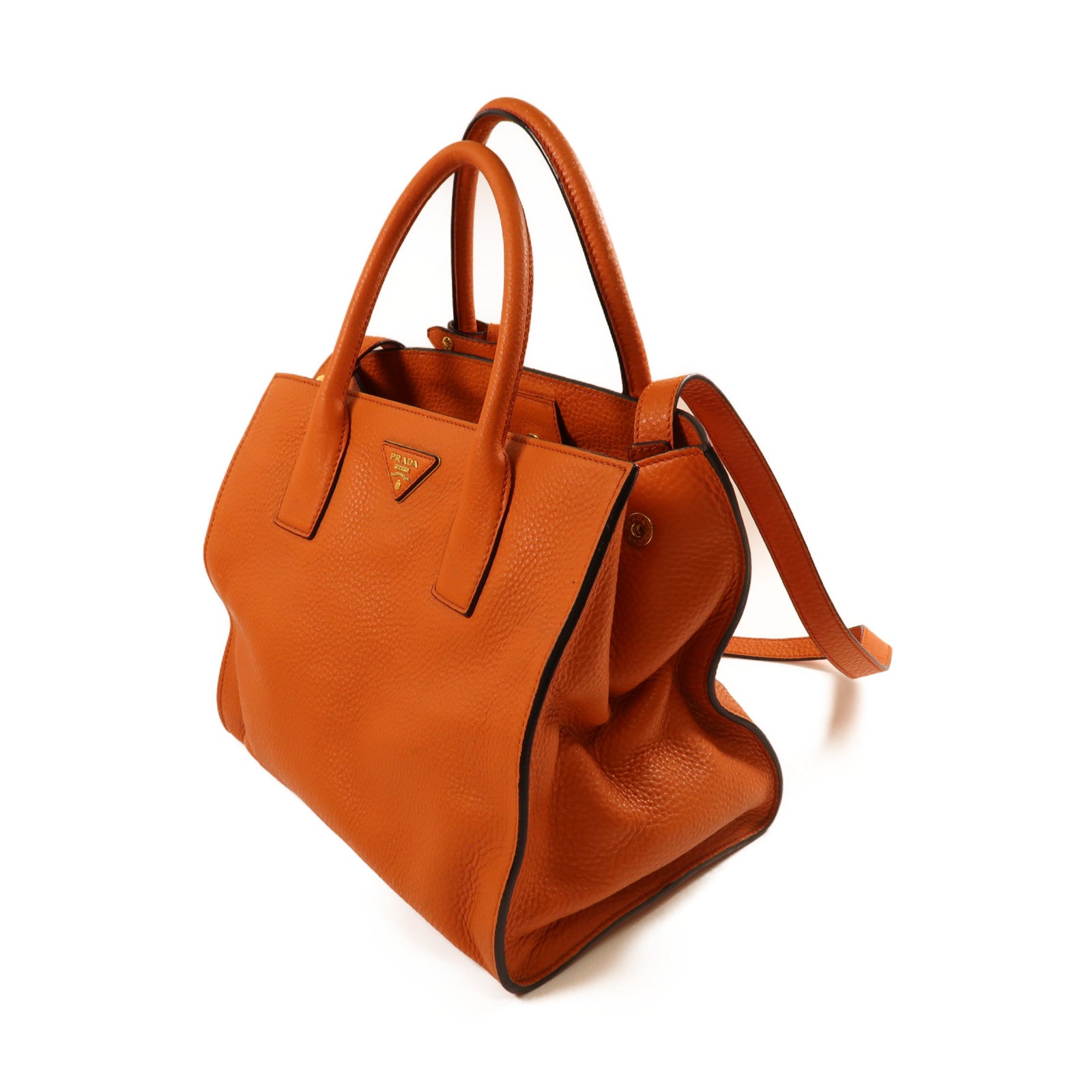 PRADA 牛皮皮革2 Way Shoulder金扣手挽肩背兩用袋橙色