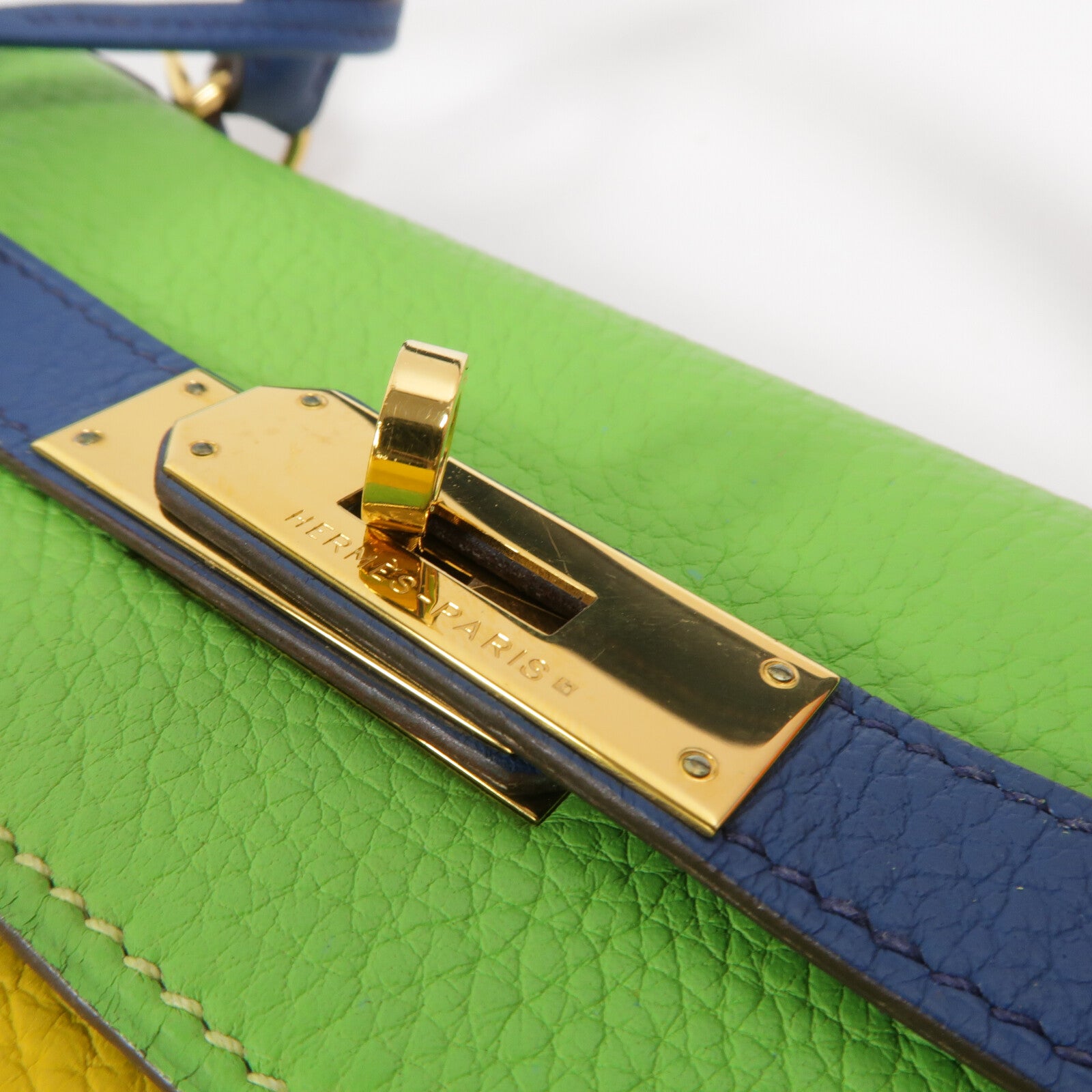 HERMES Togo皮革Kelly 35手挽肩背兩用袋Jaune/Bleu Thalassa/Vert Cru