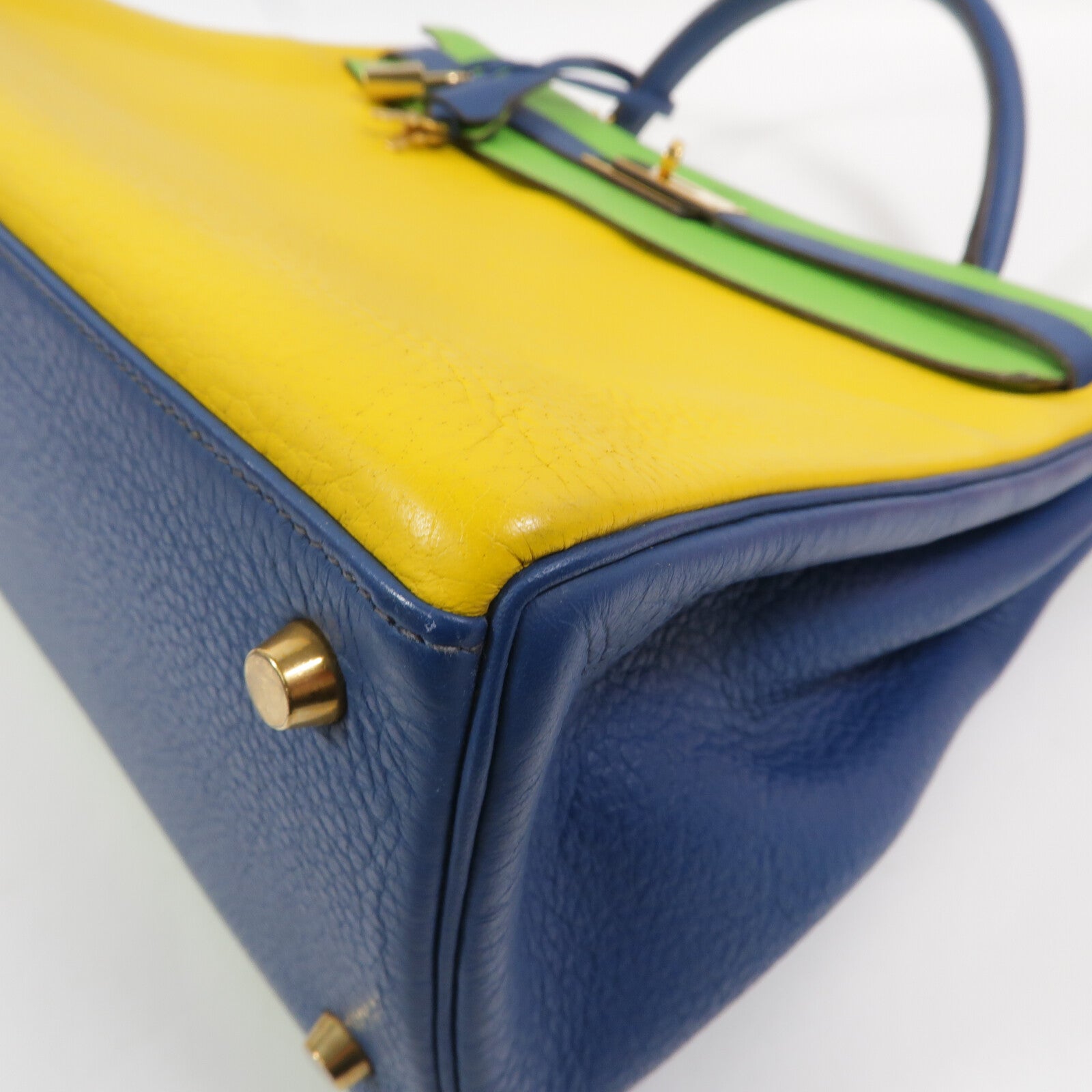 HERMES Togo皮革Kelly 35手挽肩背兩用袋Jaune/Bleu Thalassa/Vert Cru