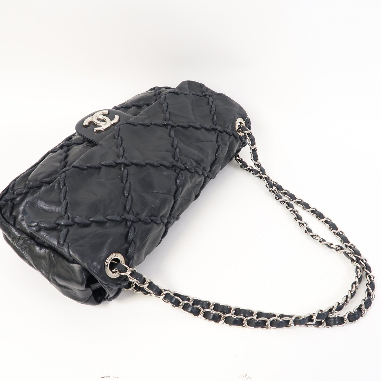 CHANEL 牛皮皮革Chain Shoulder Bag銀扣鏈帶肩背袋黑色