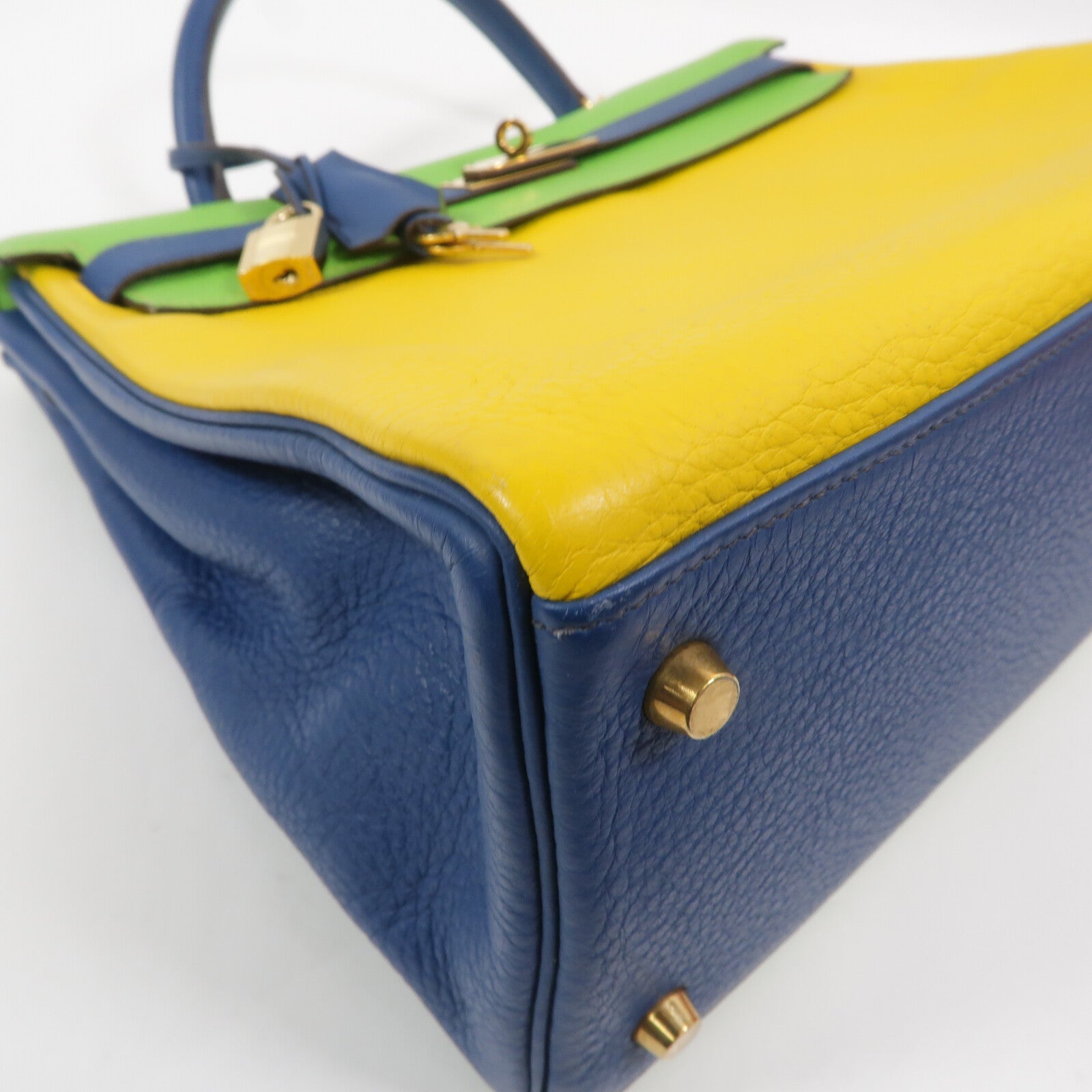 HERMES Togo皮革Kelly 35手挽肩背兩用袋Jaune/Bleu Thalassa/Vert Cru