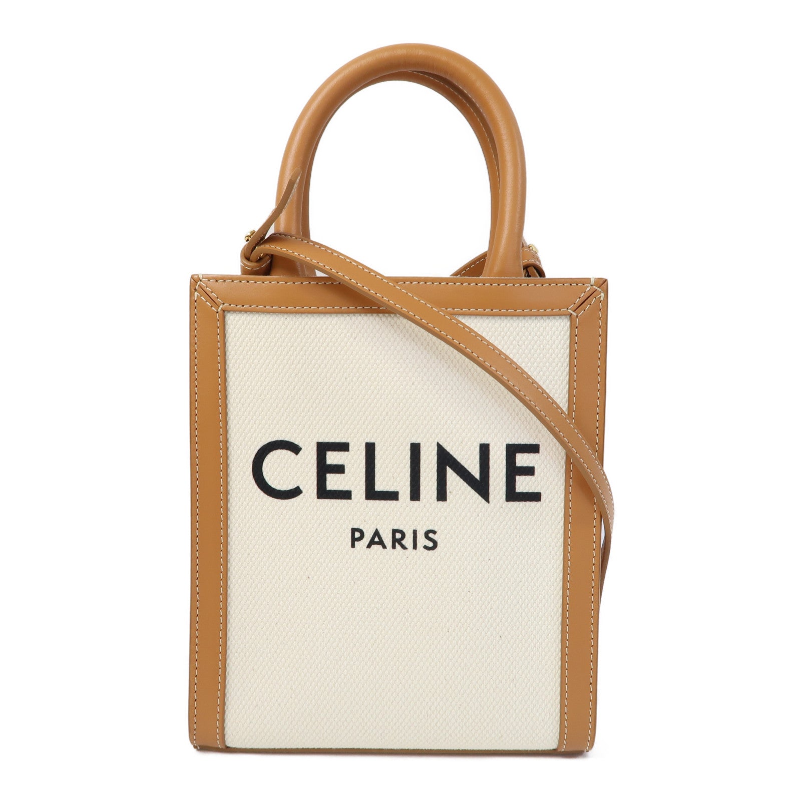 CELINE 帆布Mini Vertical Cabas金扣手挽肩背兩用袋白色/啡色