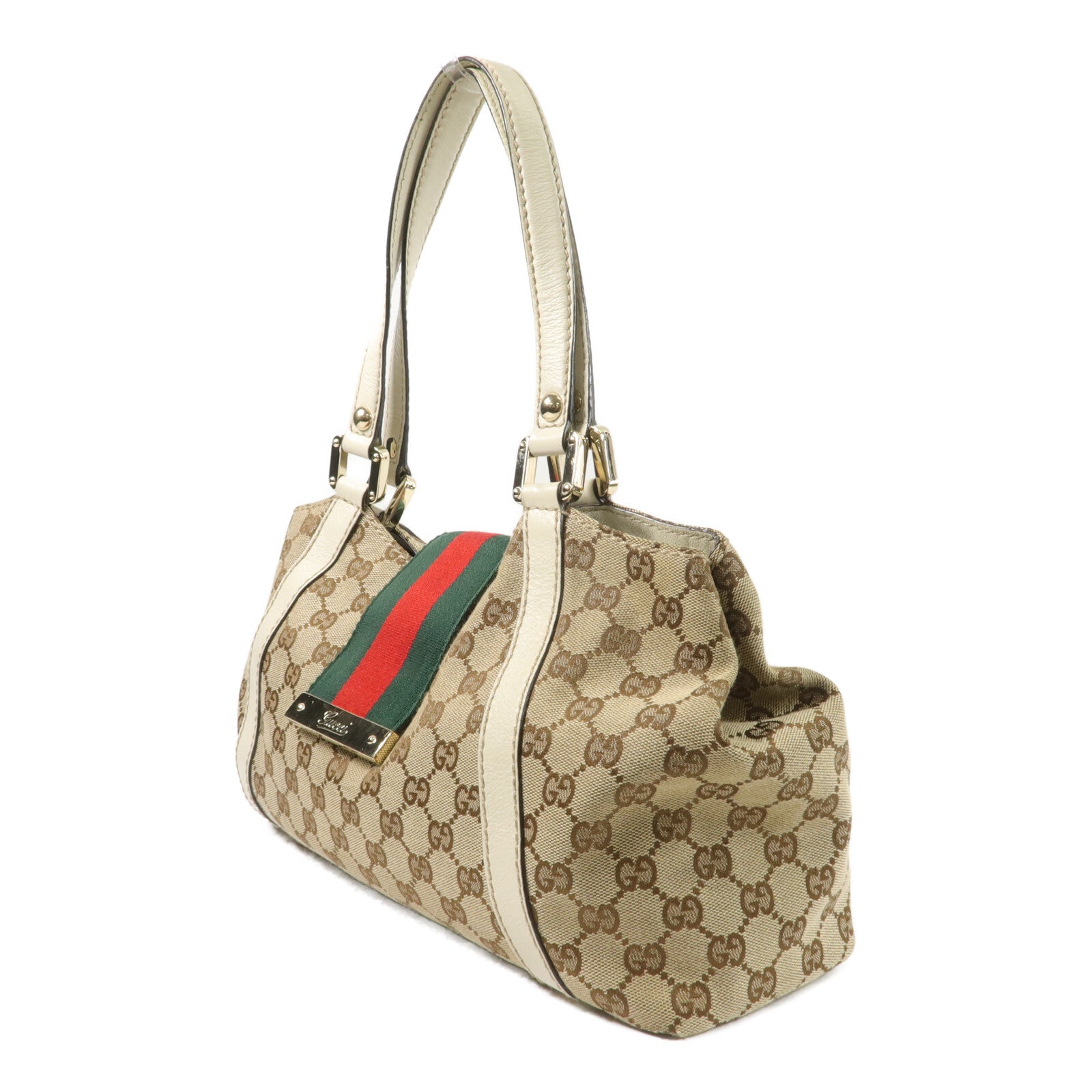GUCCI 帆布/牛皮皮革Web Flap Tote肩背袋