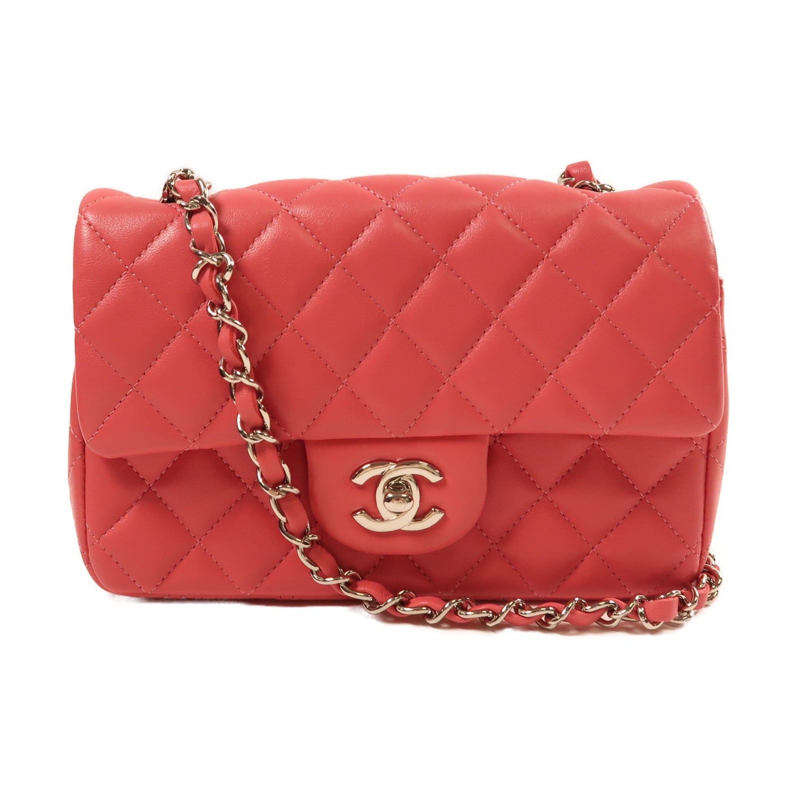 CHANEL 羊皮皮革Mini Classic 20銀扣鏈帶肩背袋粉紅色