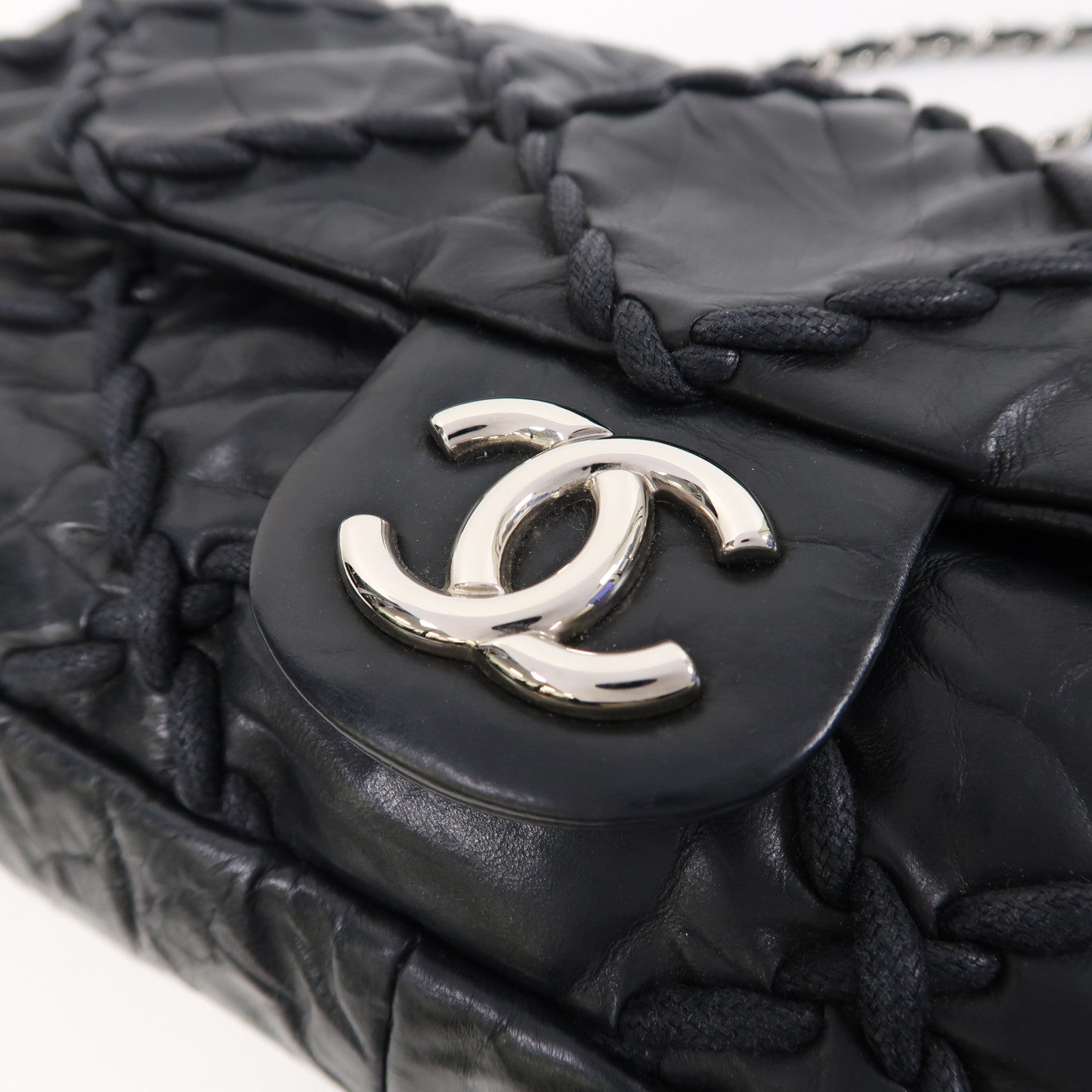 CHANEL 牛皮皮革Chain Shoulder Bag銀扣鏈帶肩背袋黑色