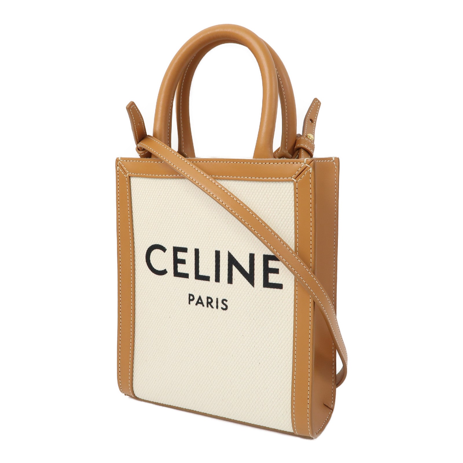 CELINE 帆布Mini Vertical Cabas金扣手挽肩背兩用袋白色/啡色