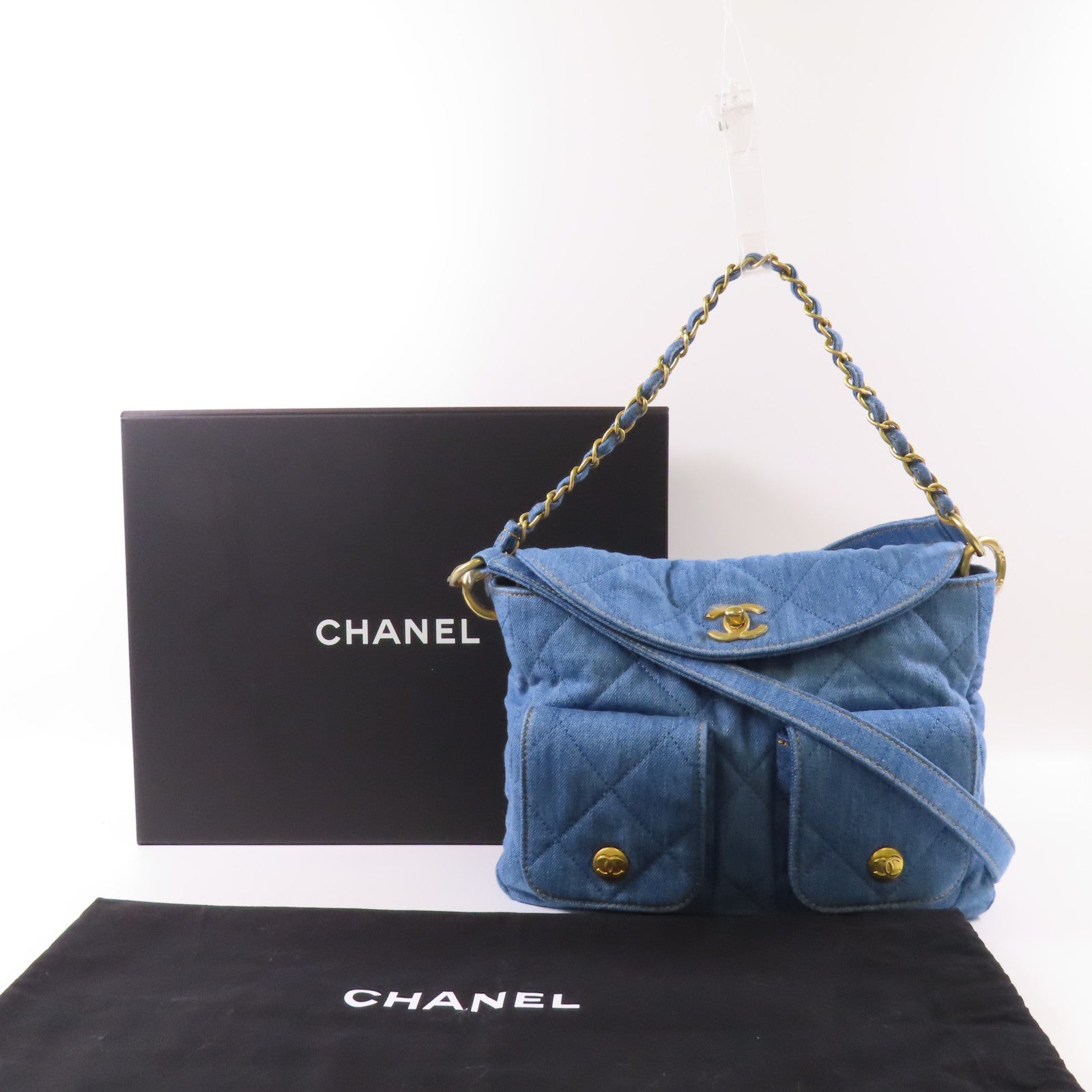 CHANEL 牛仔布Hobo 2 Way Bag金扣手挽肩背兩用袋