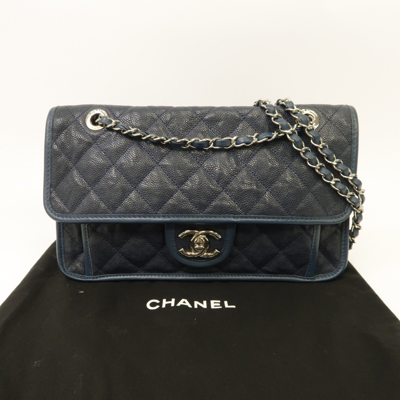 CHANEL 菱格皮革Shoulder Bag銀扣鏈帶肩背袋藍色