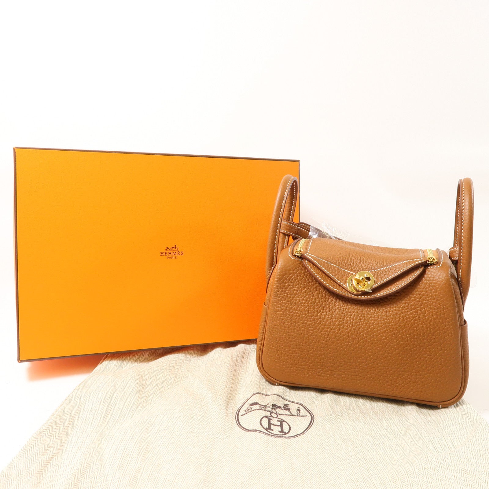 HERMES Clemence皮革Mini Lindy金扣手挽肩背兩用袋Gold啡色