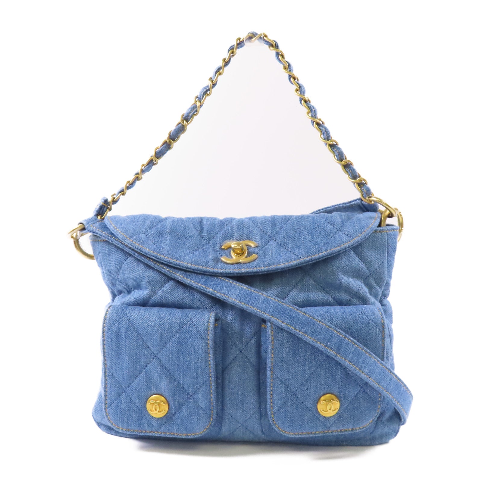 CHANEL 牛仔布Hobo 2 Way Bag金扣手挽肩背兩用袋